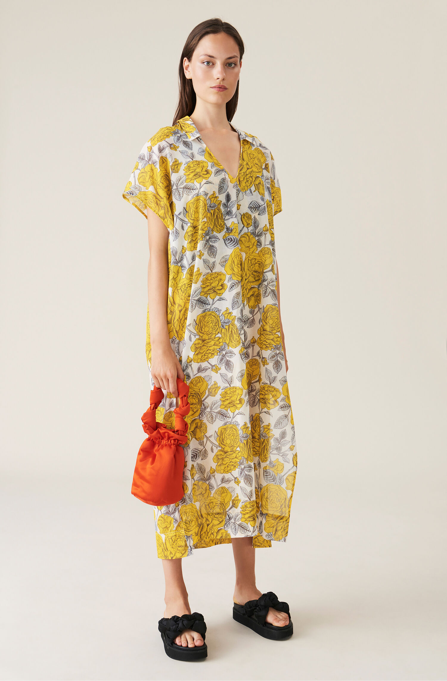 Ganni Light Cotton Kaftan Yellow Printed XXS/XS