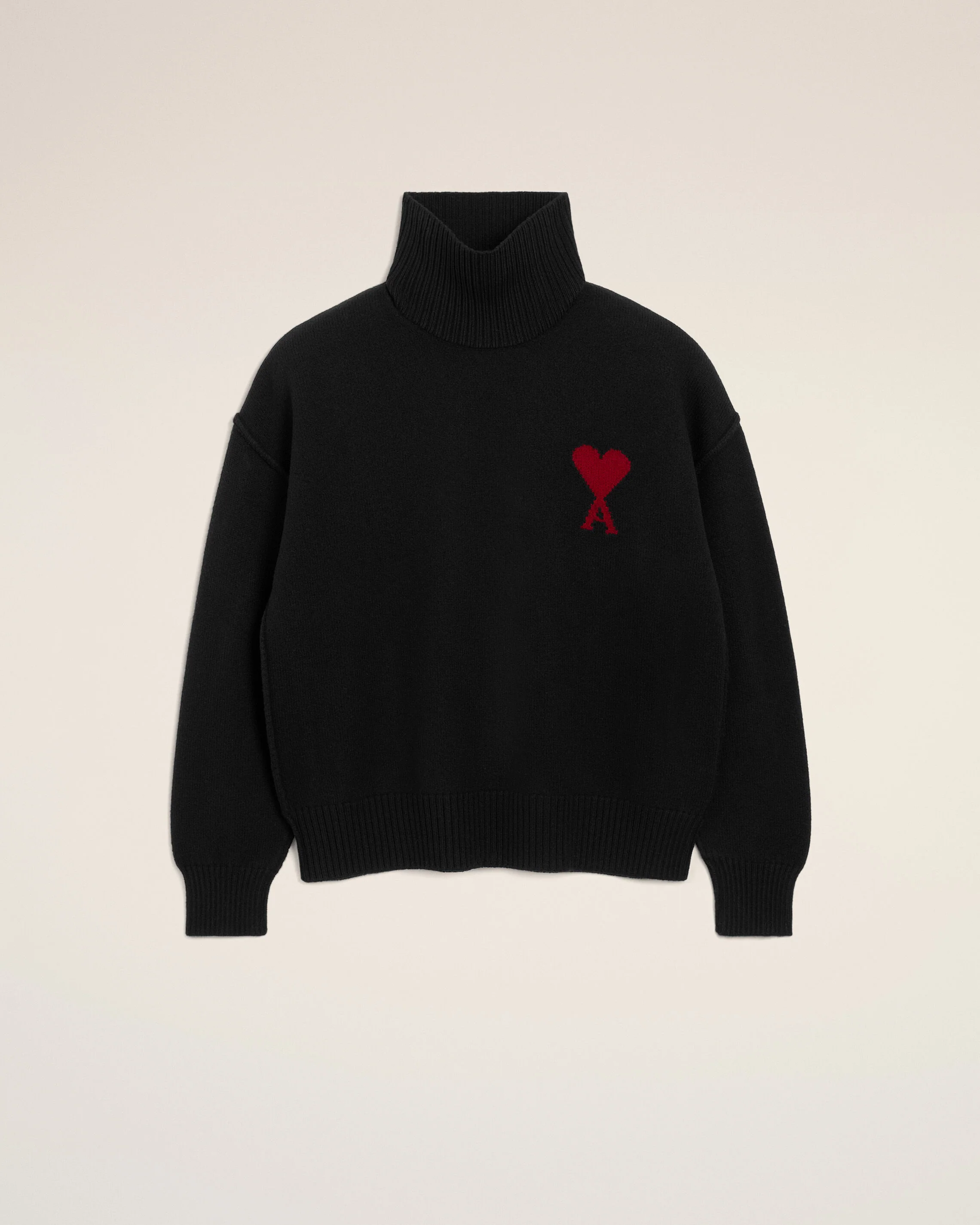 AMI PARIS de Coeur Heavy Knit Turtle Neck Sweater in Black / Red