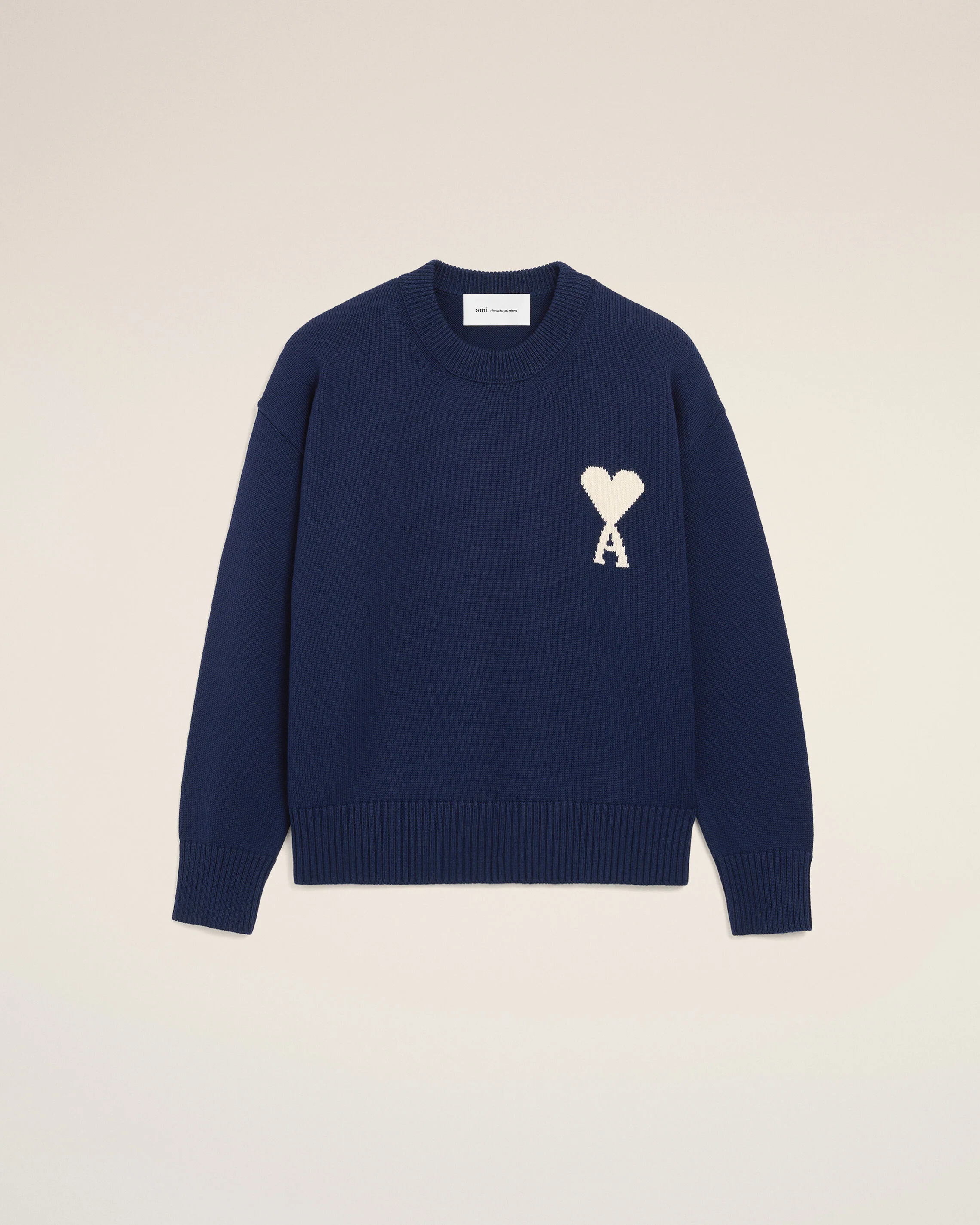 AMI PARIS de Coeur Wool/Cotton Knit Pullover in Navy