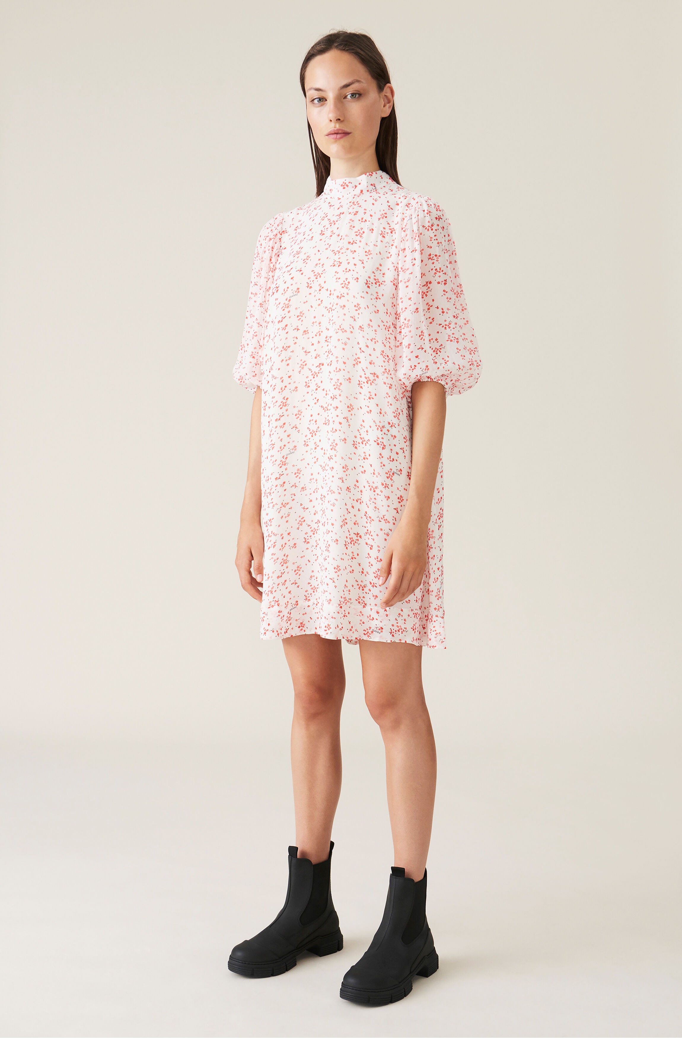 Ganni Printed Georgette Mini Dress Cream/Red 34