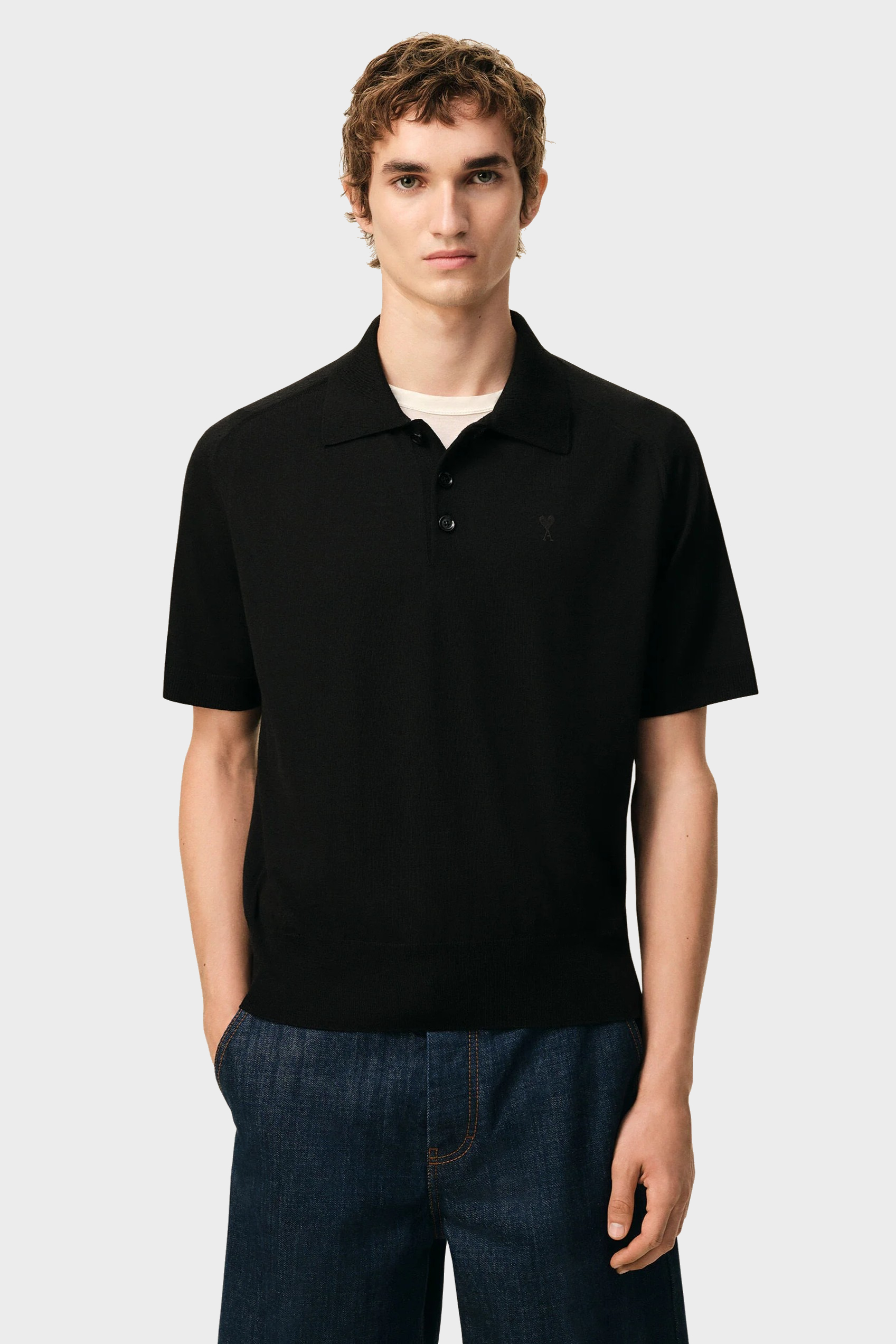 AMI PARIS de Coeur Extrafine Knit Poloshirt in Black/Black