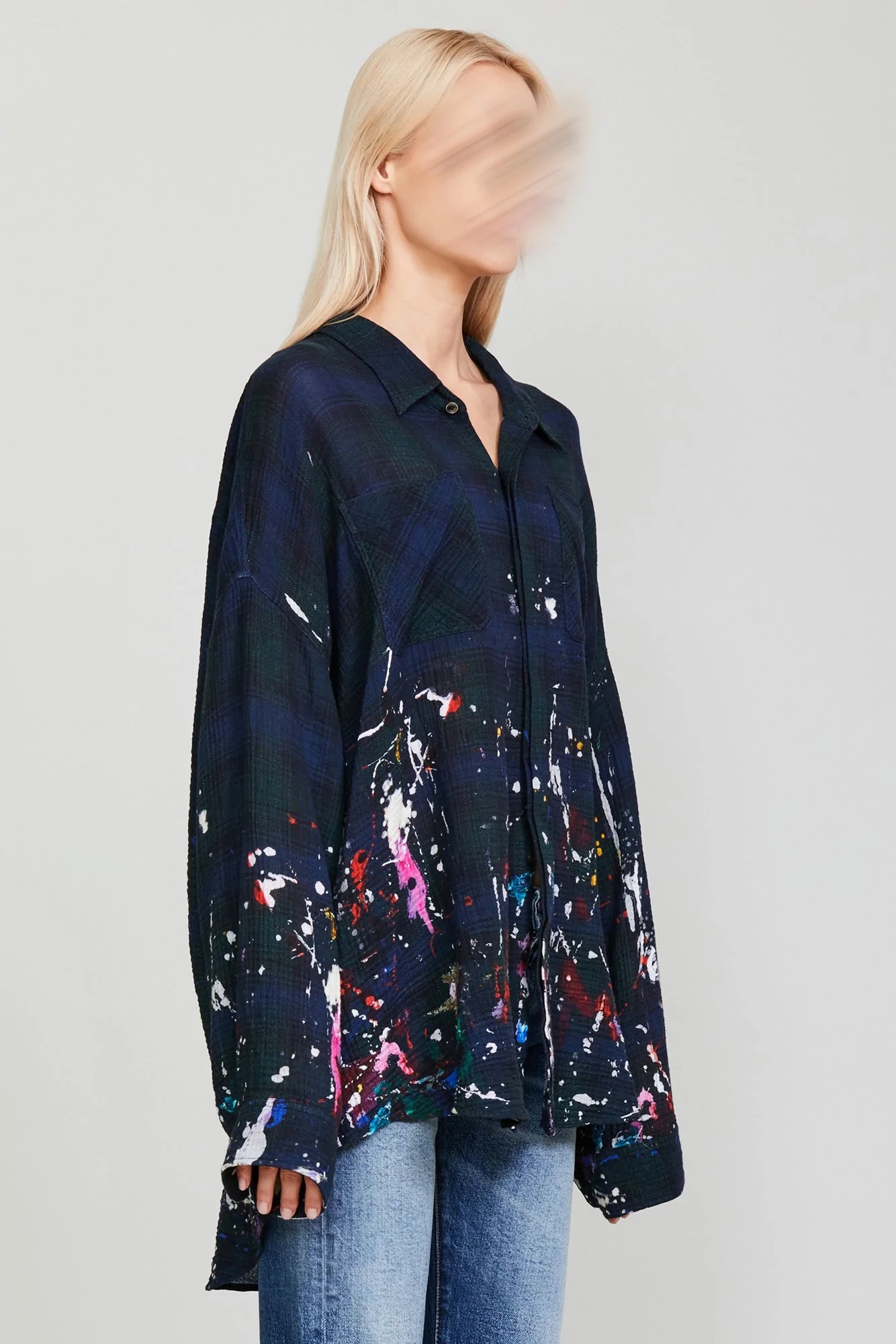 R13 Drop Neck Workshirt Navy Plaid Painted S