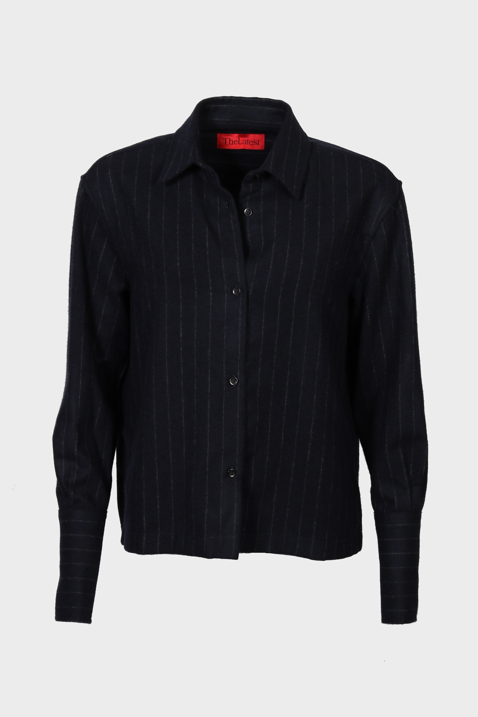 THE LATEST Wool Overshirt in Night Blue Pinstripes