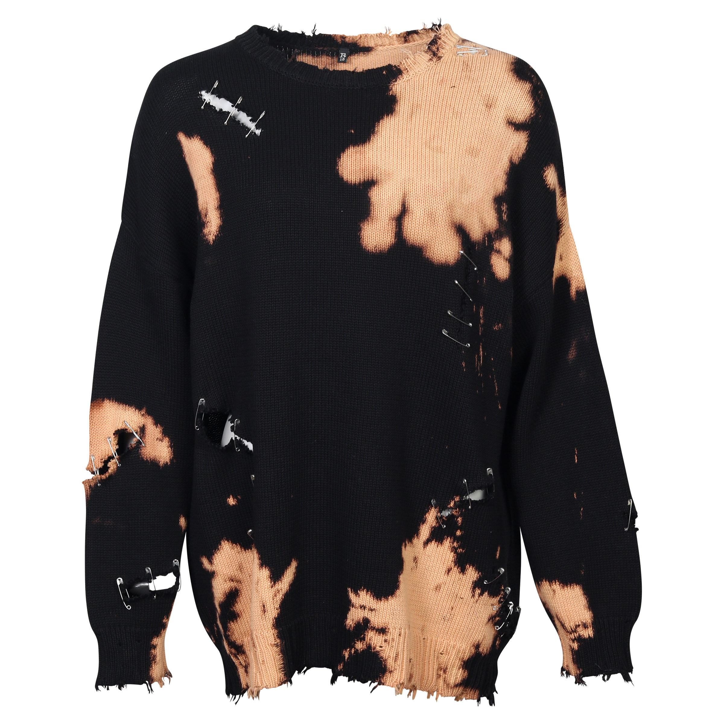 R13 Distressed Crew Neck Sweater Black/Camel