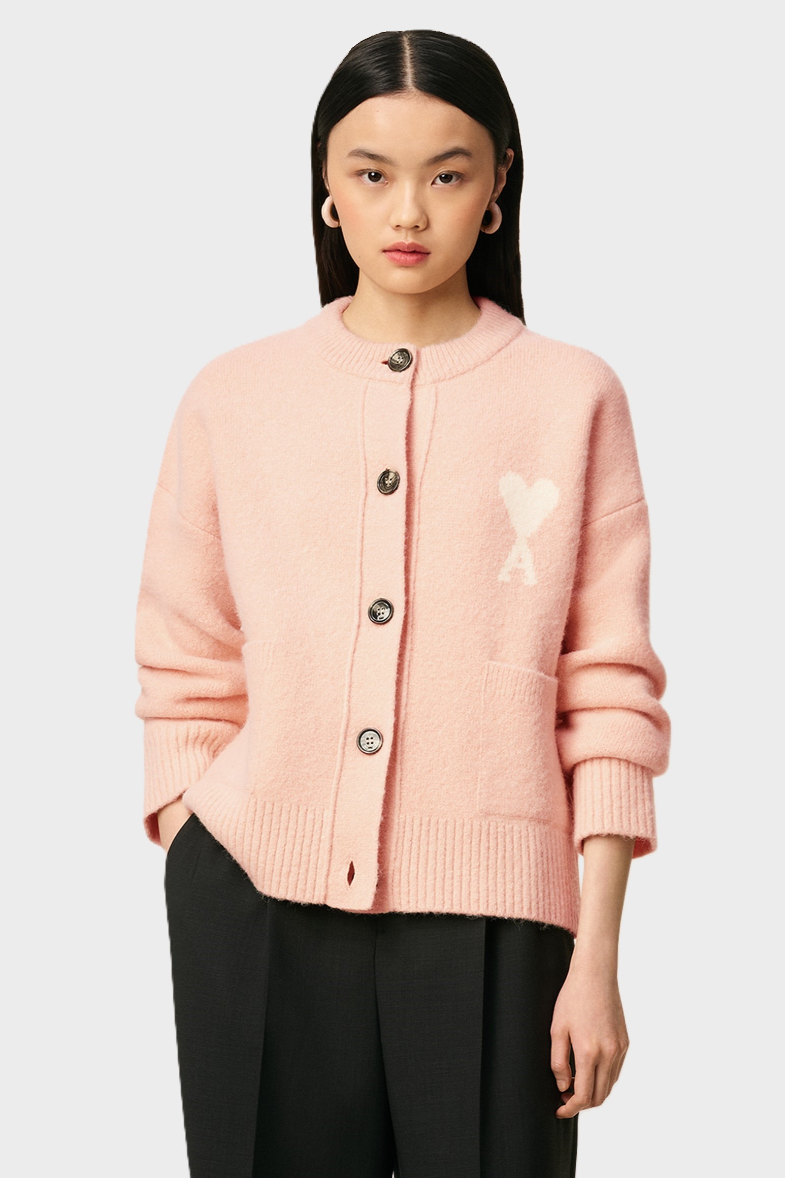 AMI PARIS de Coeur Crew Neck Knit Cardigan in Powder/Off White