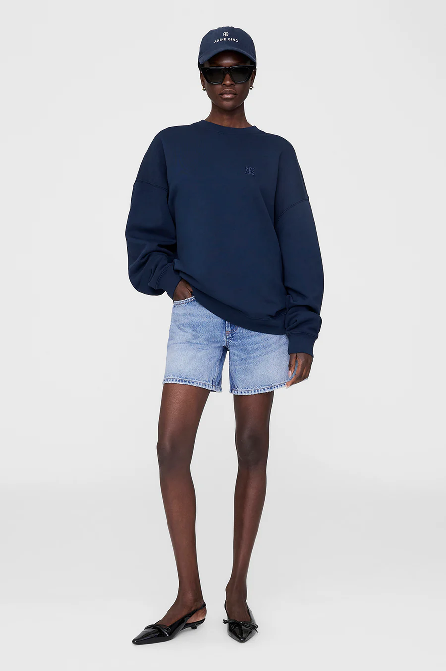 ANINE BING Miles Framed Monogram Sweatshirt in Washed Navy