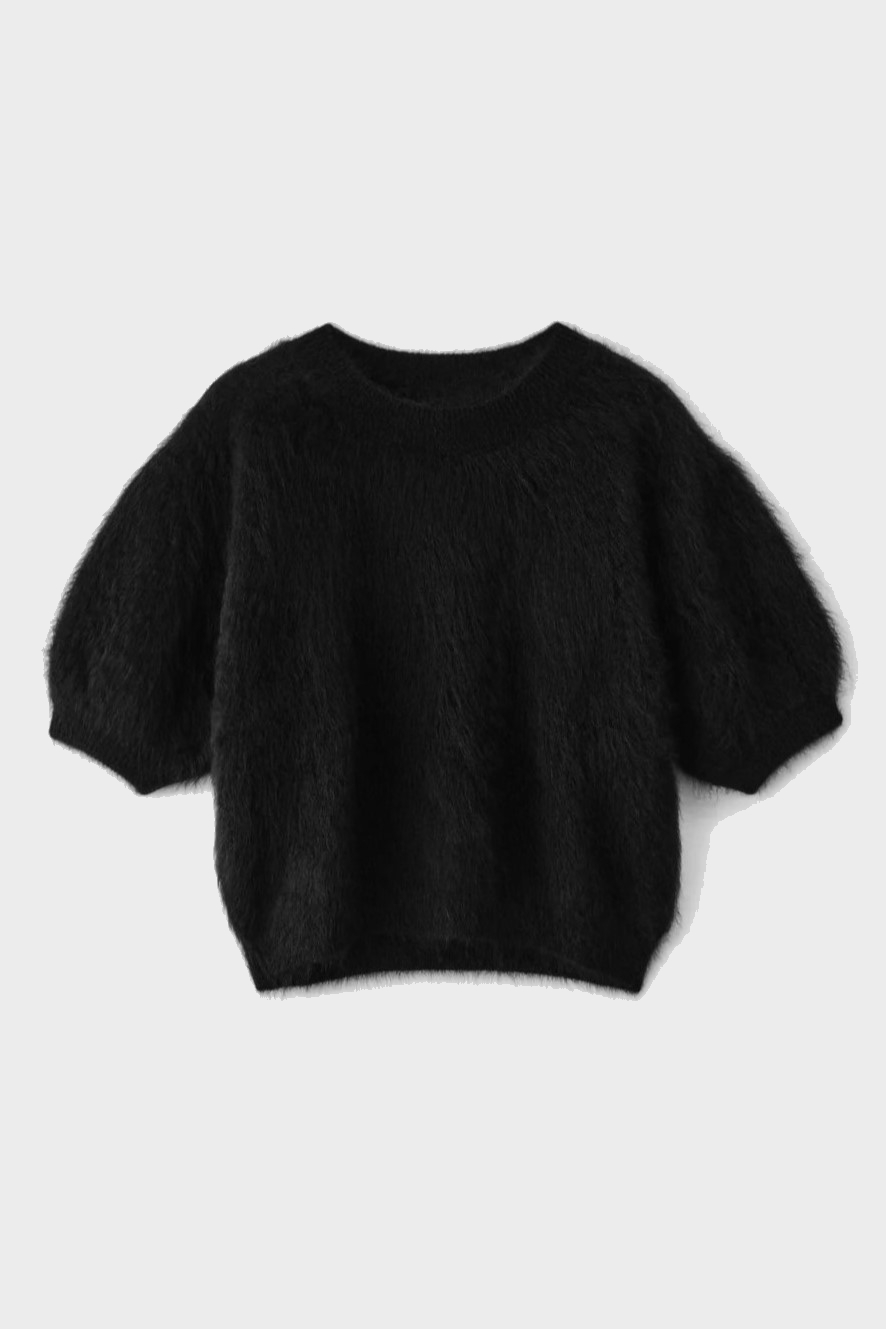 LISA YANG Brushed Cashmere Short Sleeve Sweater in Black