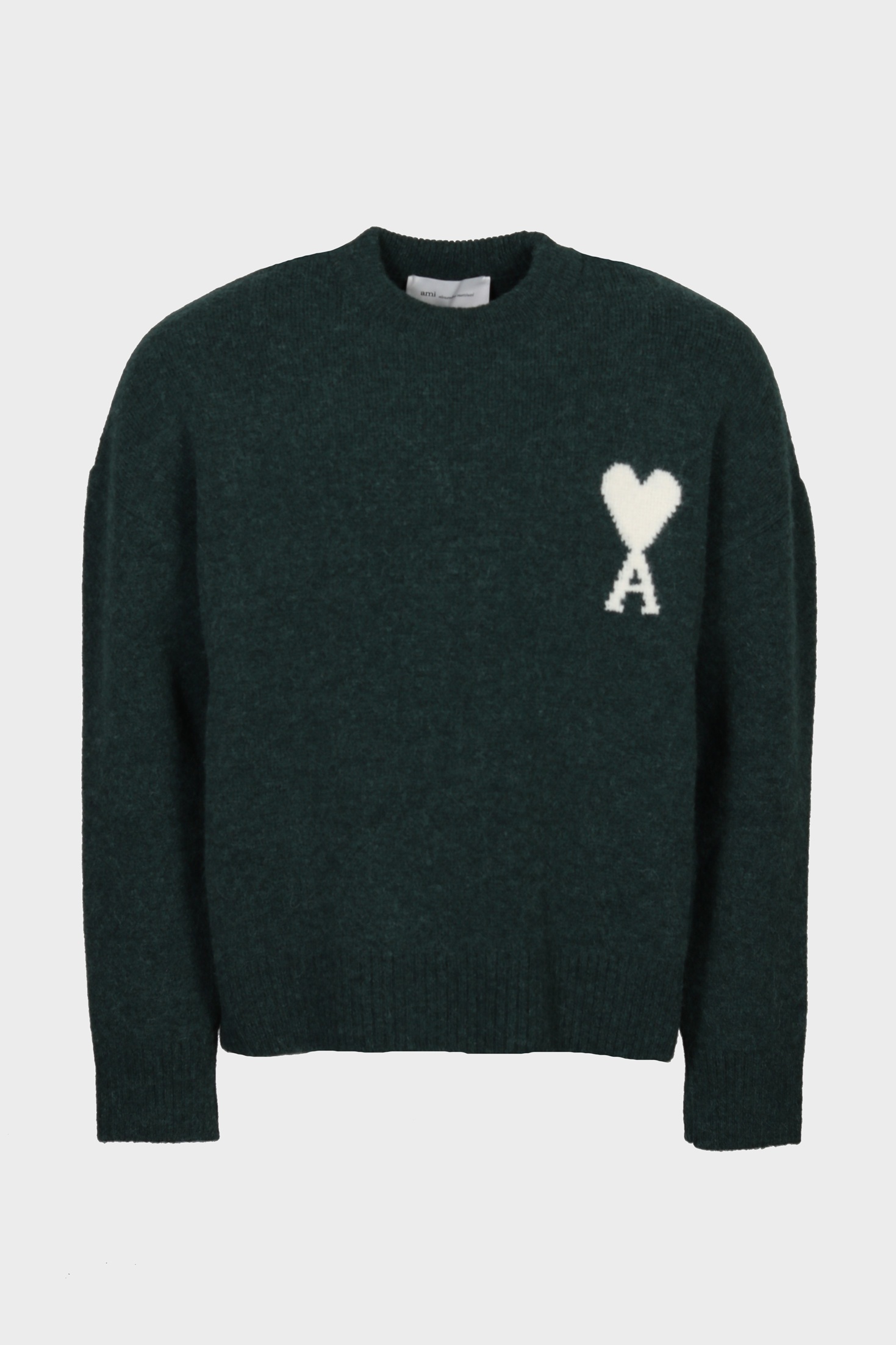 AMI PARIS de Coeur Heavy Knit Sweater in Bottle Green / Off White