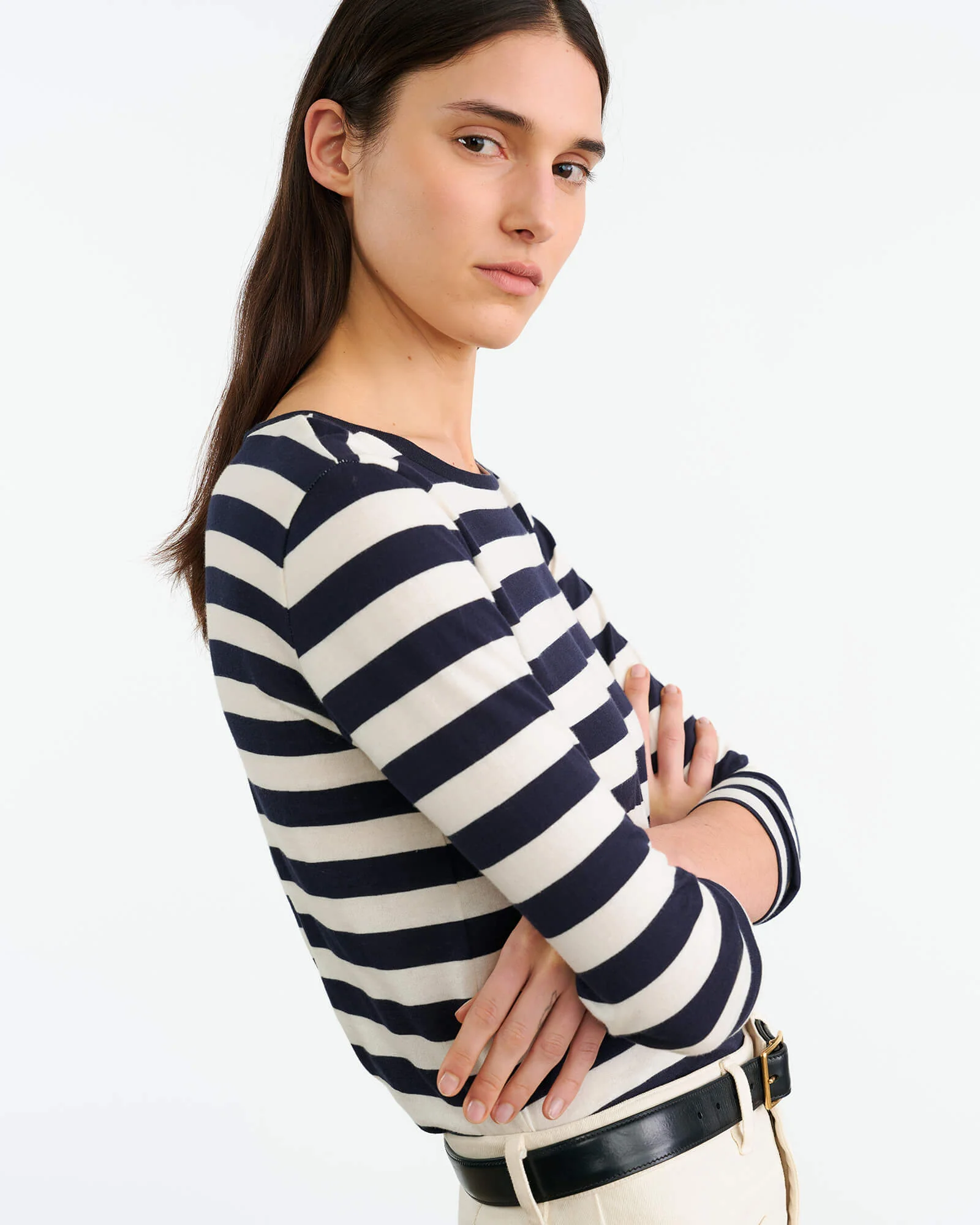 NILI LOTAN Long Sleeve Shirt in Navy/Ivory Stripe NILI LOTAN Long Sleeve Shirt in Navy/Ivory Stripe