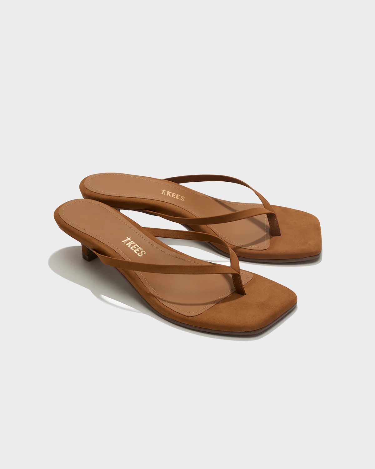 TKEES Square Toe Julia Kitten Heel Suede in Camel