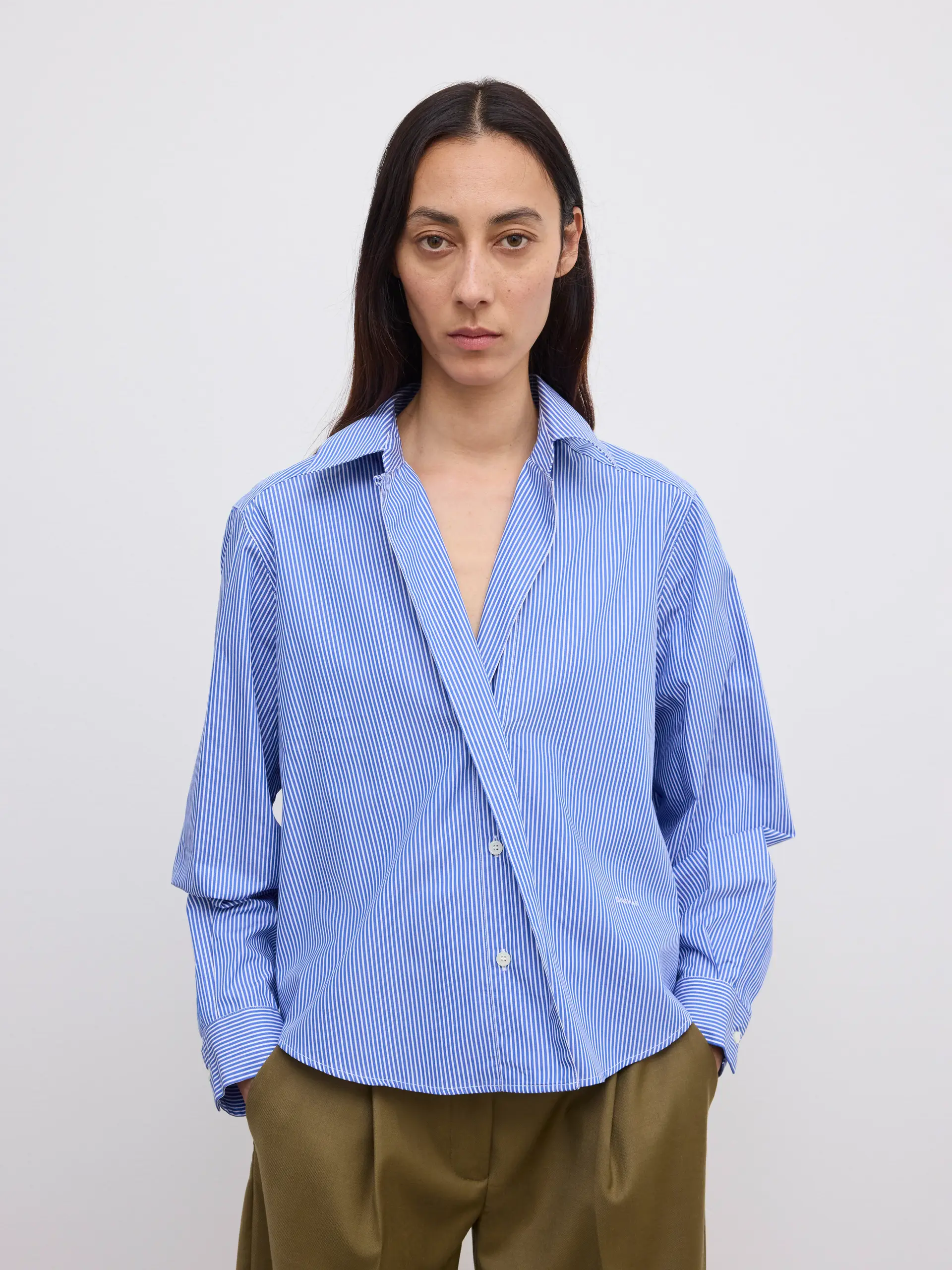 DAGMAR Asymmetric Cropped Shirt in Blue Stripe
