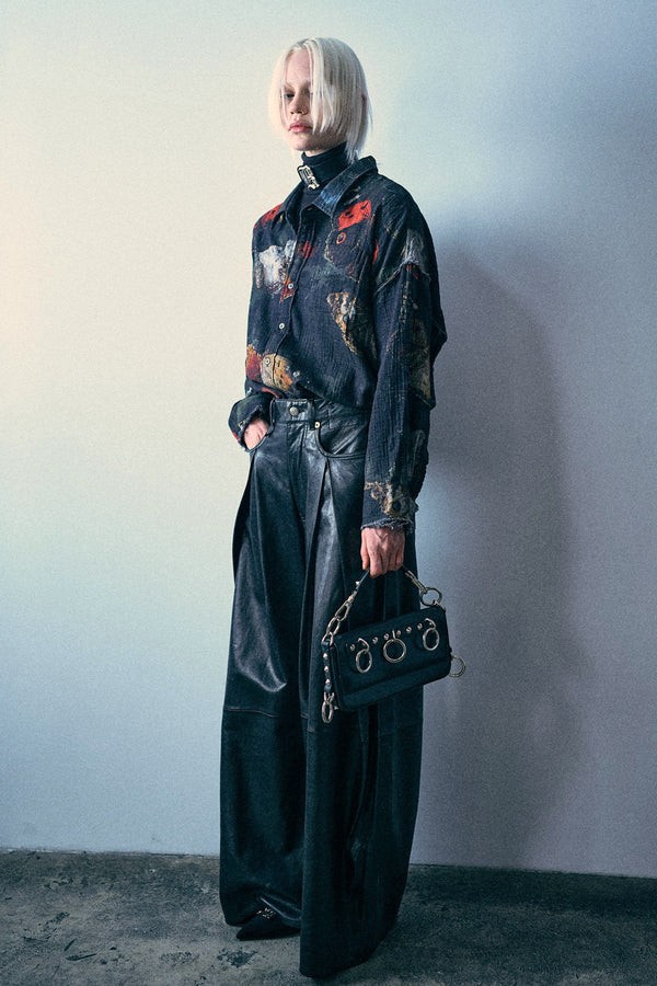 R13 Reversible Shredded Seam Drop Neck Oversize Shirt with Butterflies