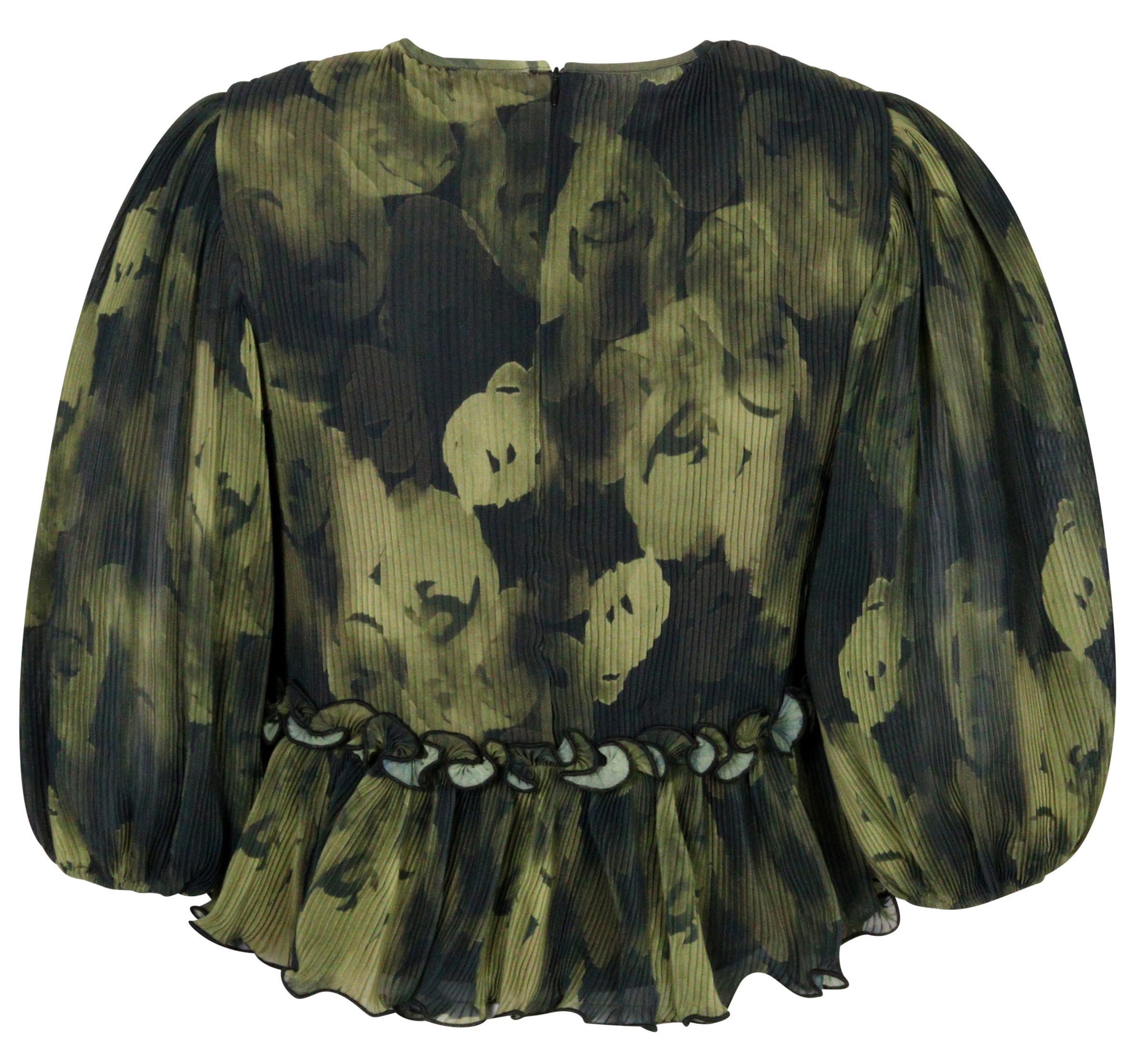 Ganni Recycled  Pleated Georgette Blouse Olive Printed