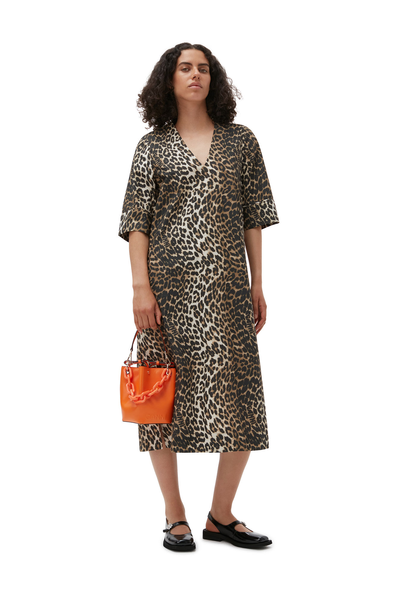 GANNI Printed Cotton Wide Midi Dress in Leopard 36