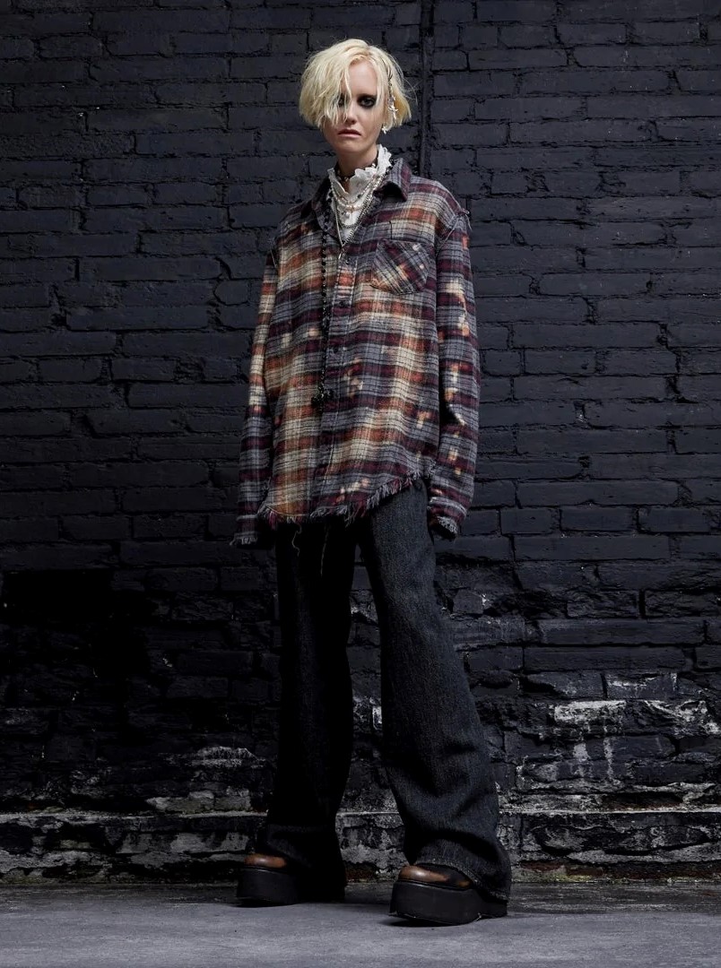 R13 Bleached Plaid Shredded Shirt Multicolor