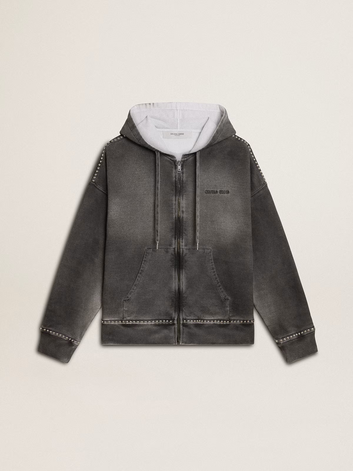 GOLDEN GOOSE Michael Zip Hoodie with Studs in Dark Grey L