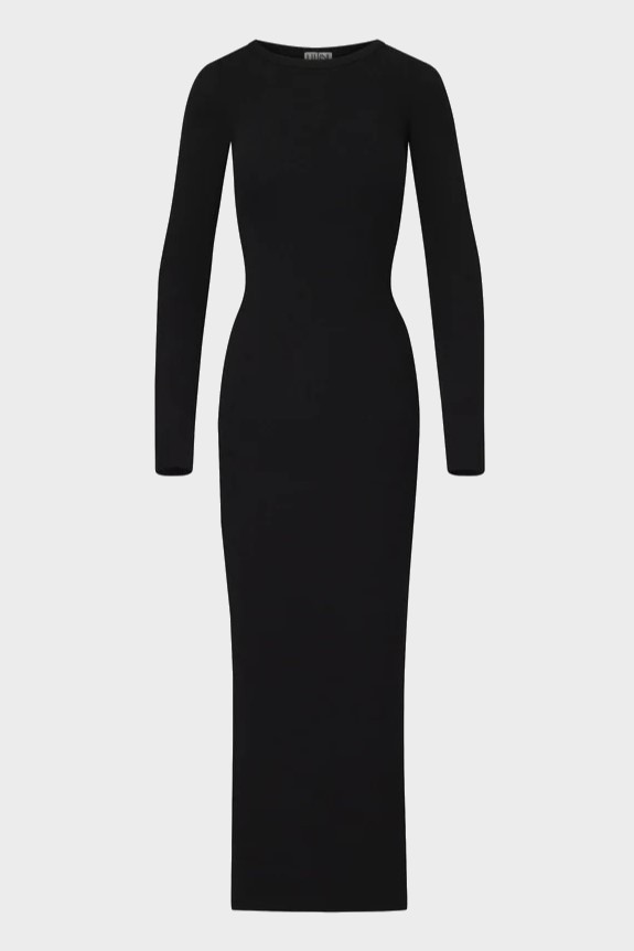 ÉTERNE Long Sleeve Crewneck Dress Maxi in Black L