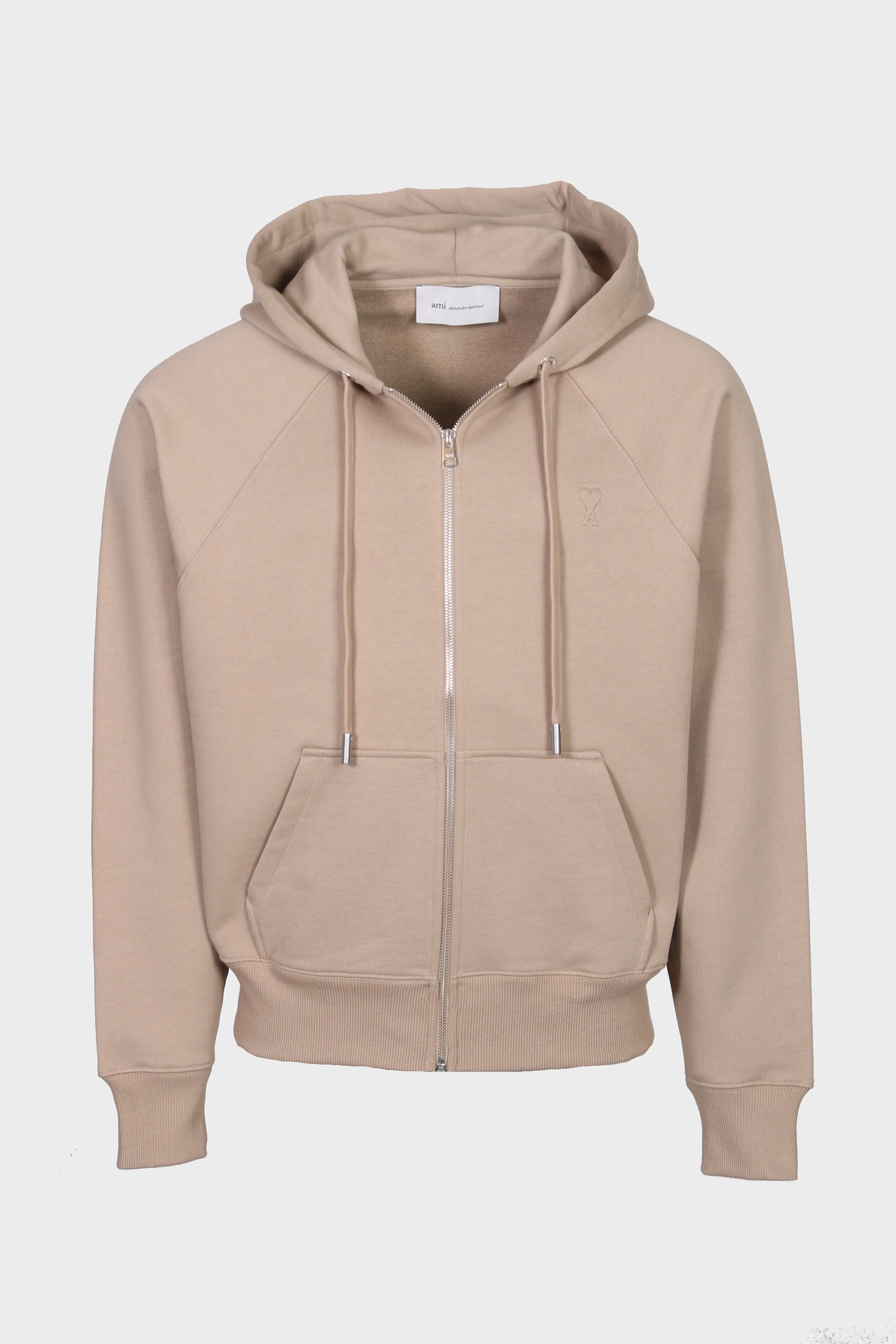 AMI PARIS de Coeur Embossed Zip Hoodie in Mastic Beige