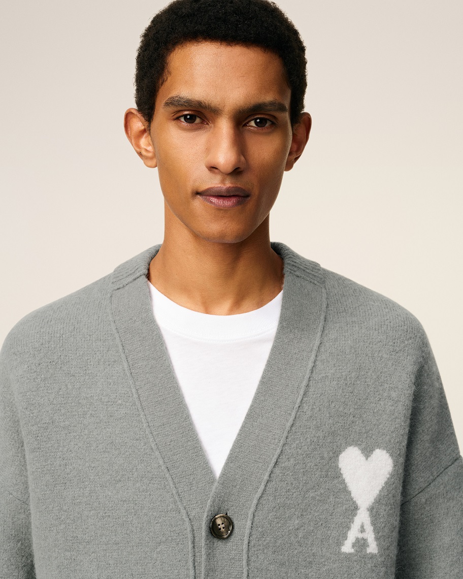 AMI PARIS de Coeur Knit Cardigan in Grey/Off White