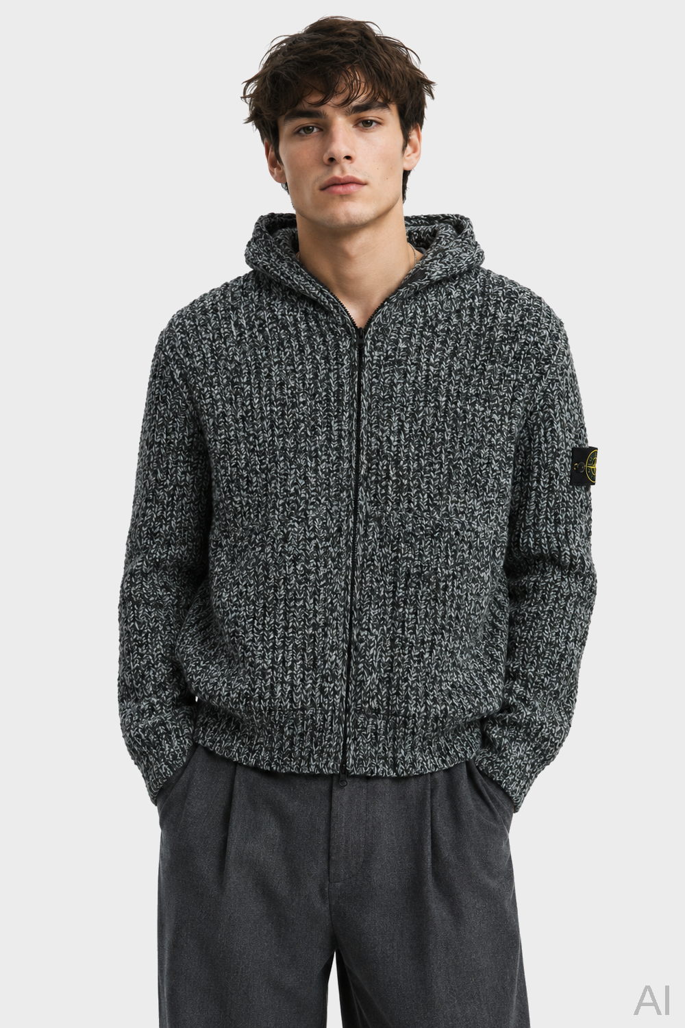 STONE ISLAND Chenille Knit Jacket in Sage Green Melange
