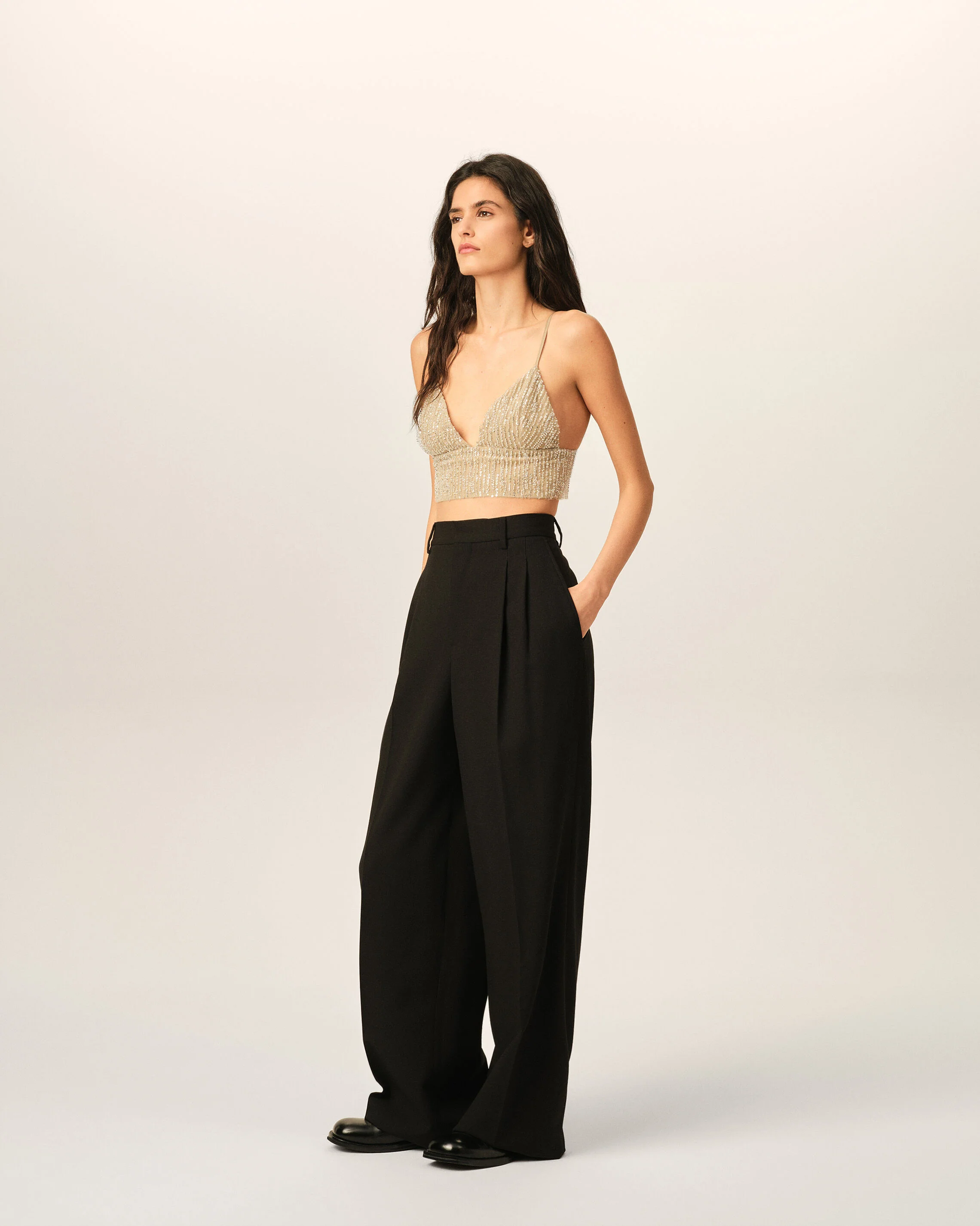 AMI PARIS Embroidered Cropped Top with Sequins in Mastic Beige