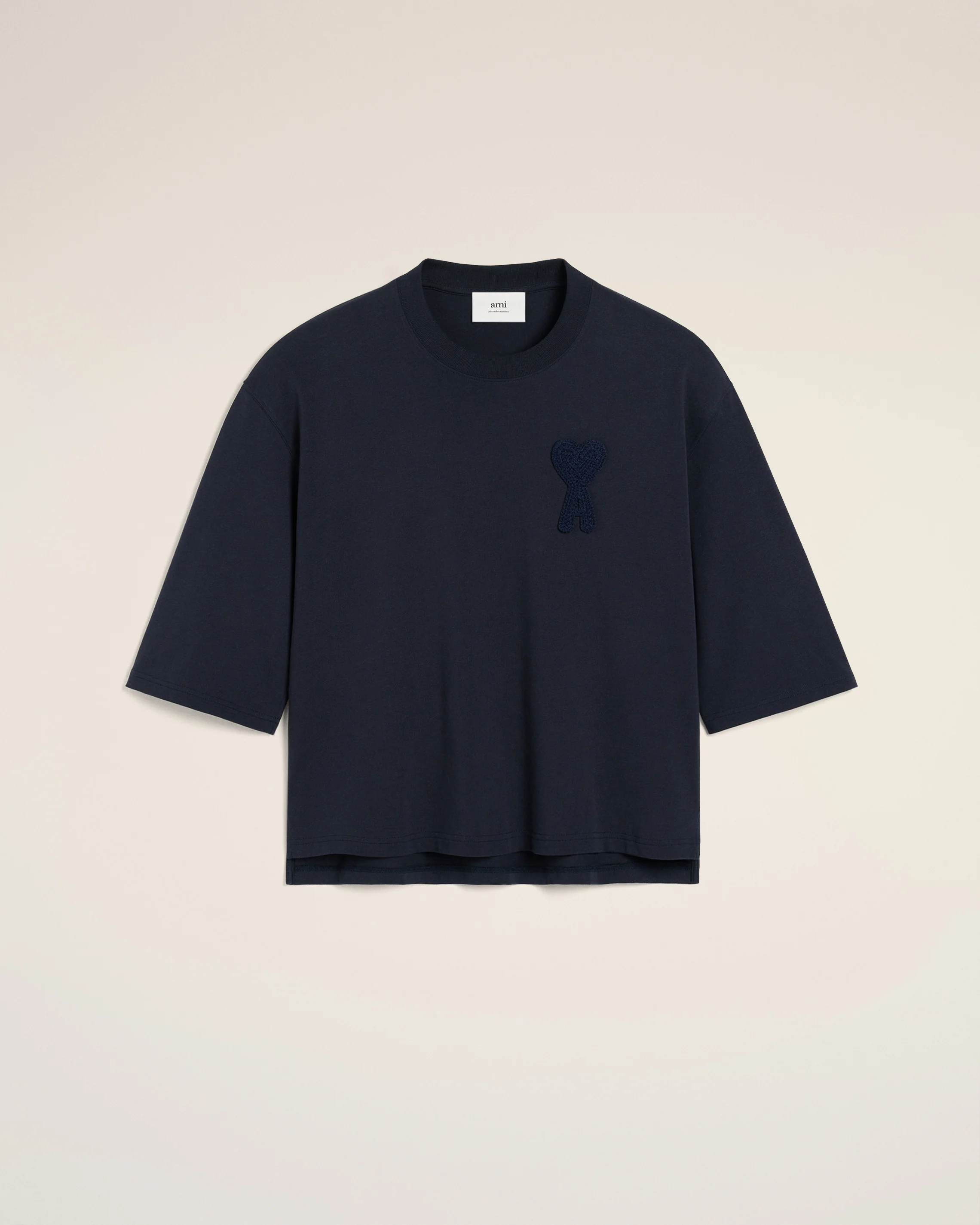 AMI PARIS de Coeur Boxy Fit Knitted Logo T-Shirt in Navy Blue