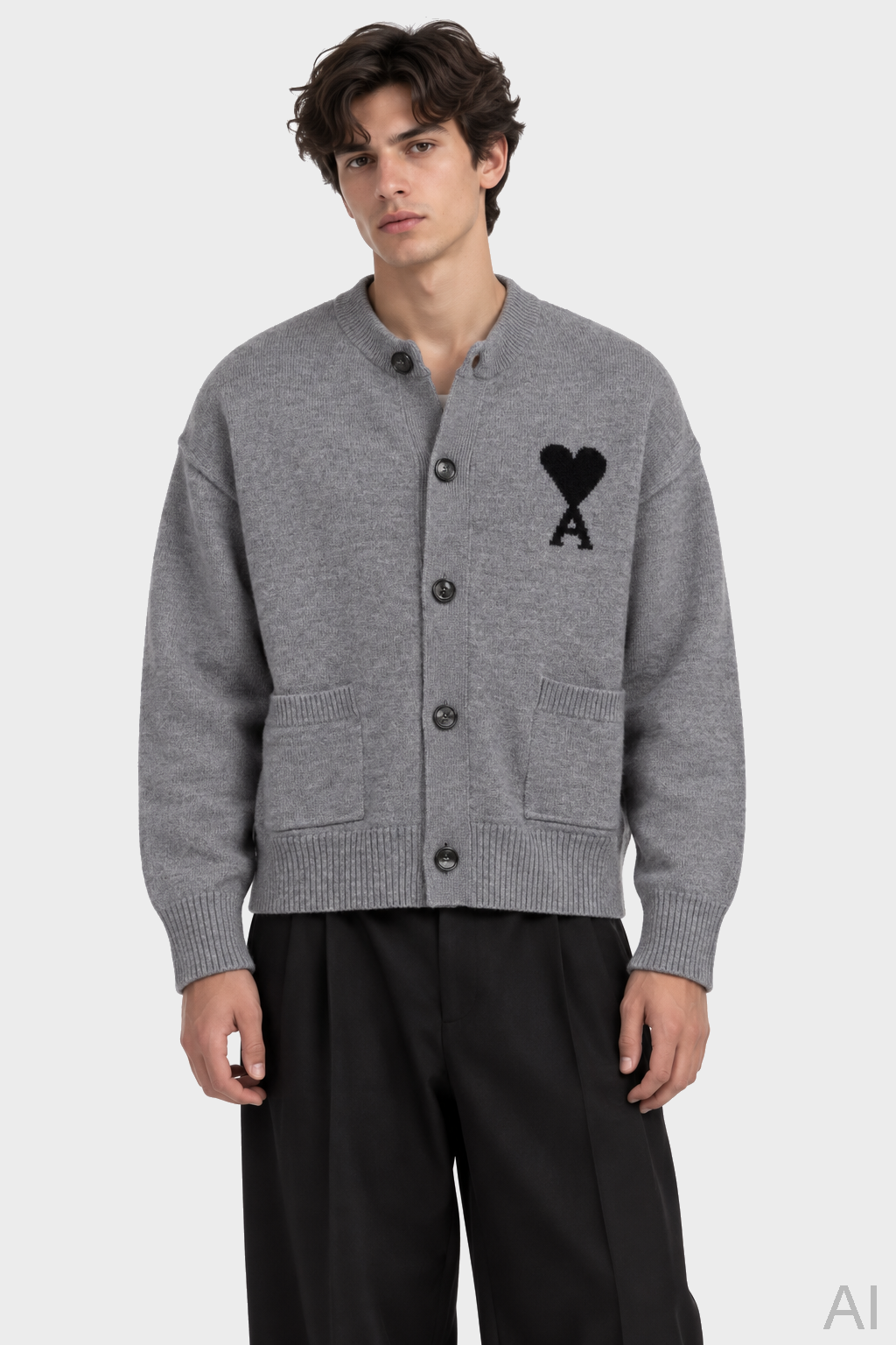 AMI PARIS de Coeur Heavy Knit Crewneck Cardigan in Heather Ash Grey / Black