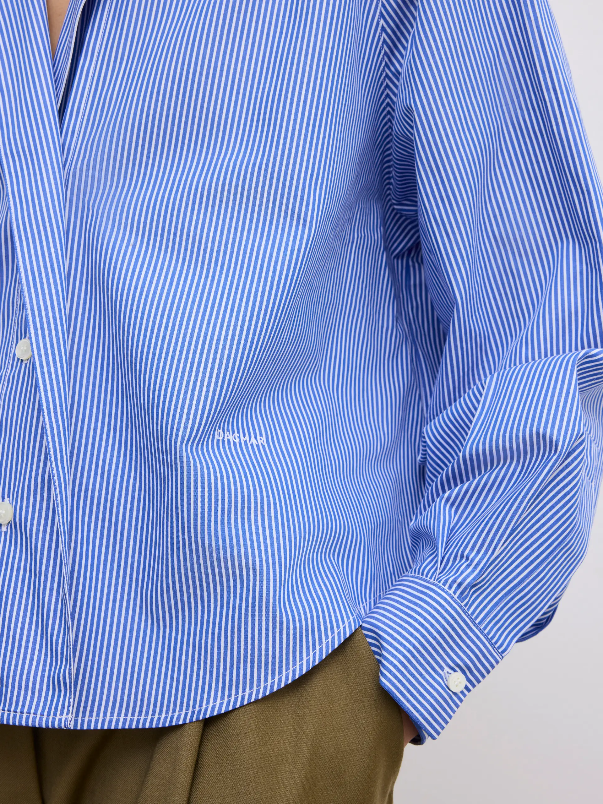DAGMAR Asymmetric Cropped Shirt in Blue Stripe