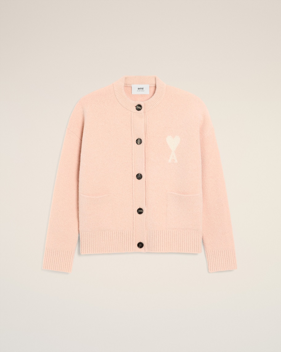 AMI PARIS de Coeur Crew Neck Knit Cardigan in Powder/Off White