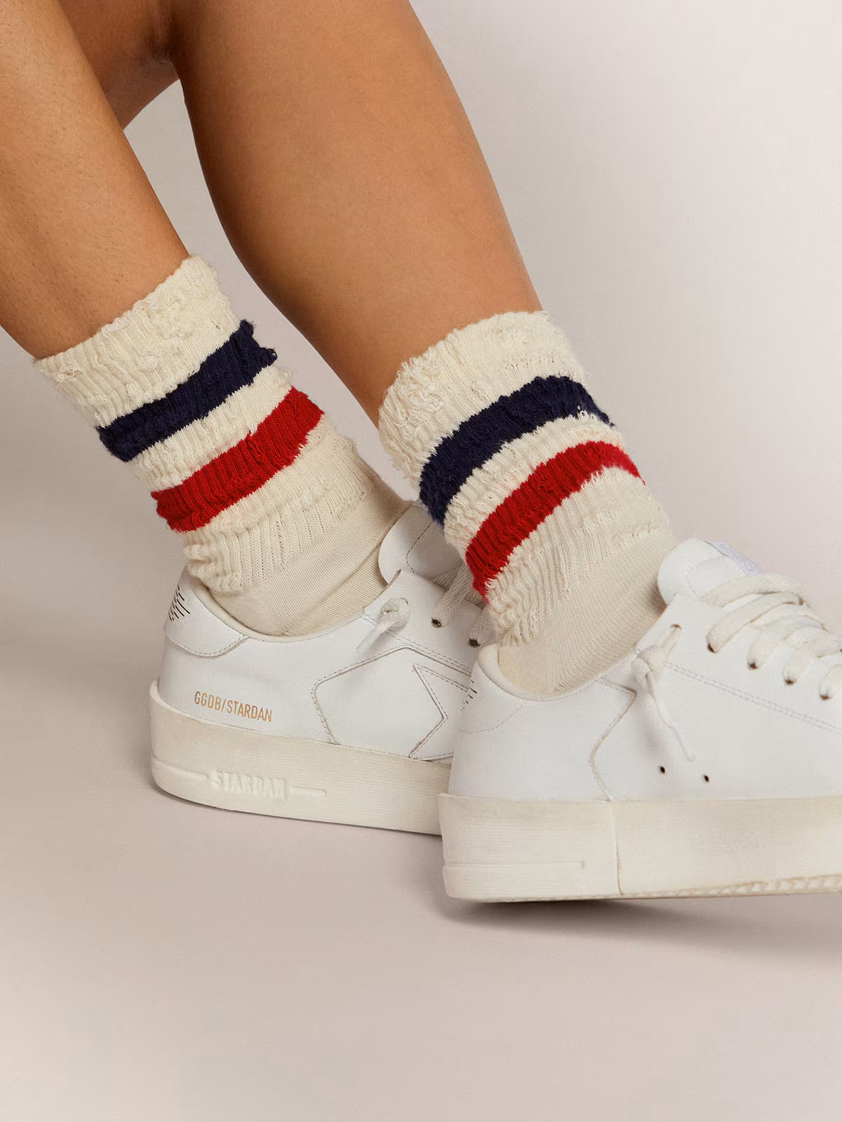 GOLDEN GOOSE Socks High Rib Striped Cream/Red/Blue