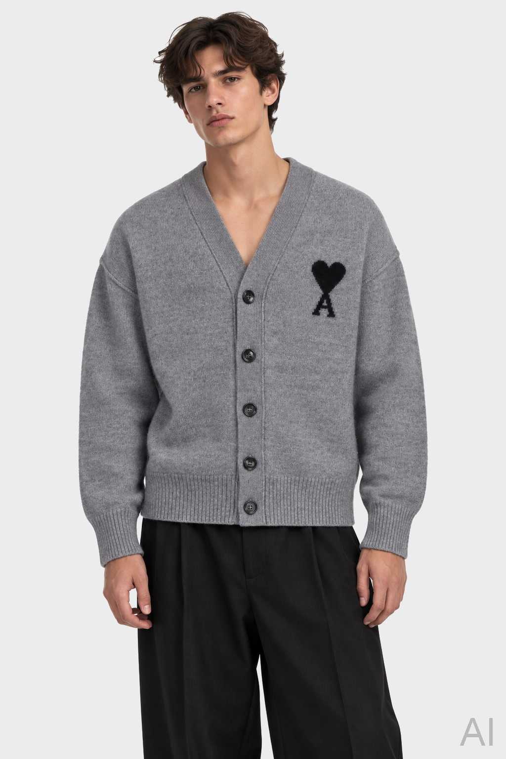 AMI PARIS de Coeur Heavy Knit Cardigan in Heather Ash Grey / Black