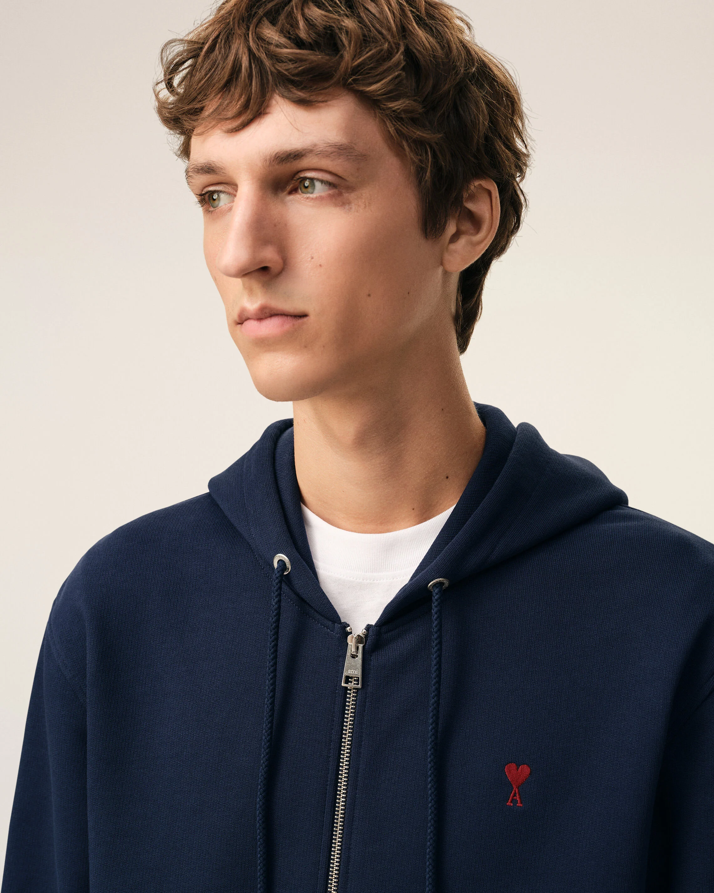 AMI PARIS de Coeur Zip Hoodie in Night Blue / Red