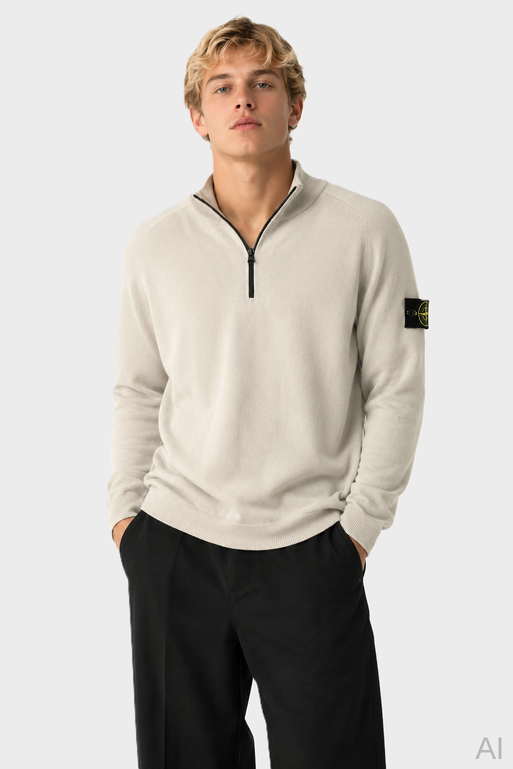 STONE ISLAND Light Knit Half Zip Pullover in Stone XXL
