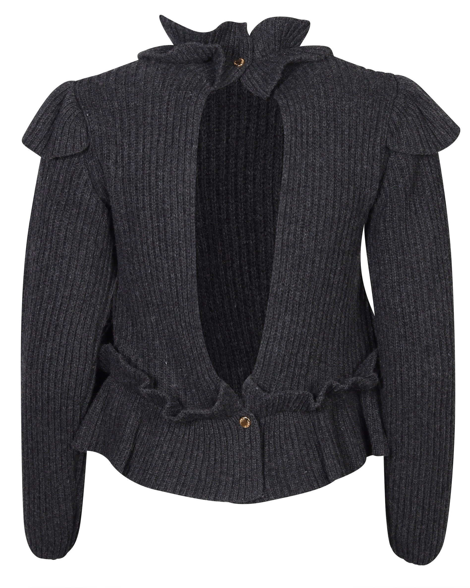 Ganni Recycled Wool Frill Sweater Open Back Dark Grey Melange