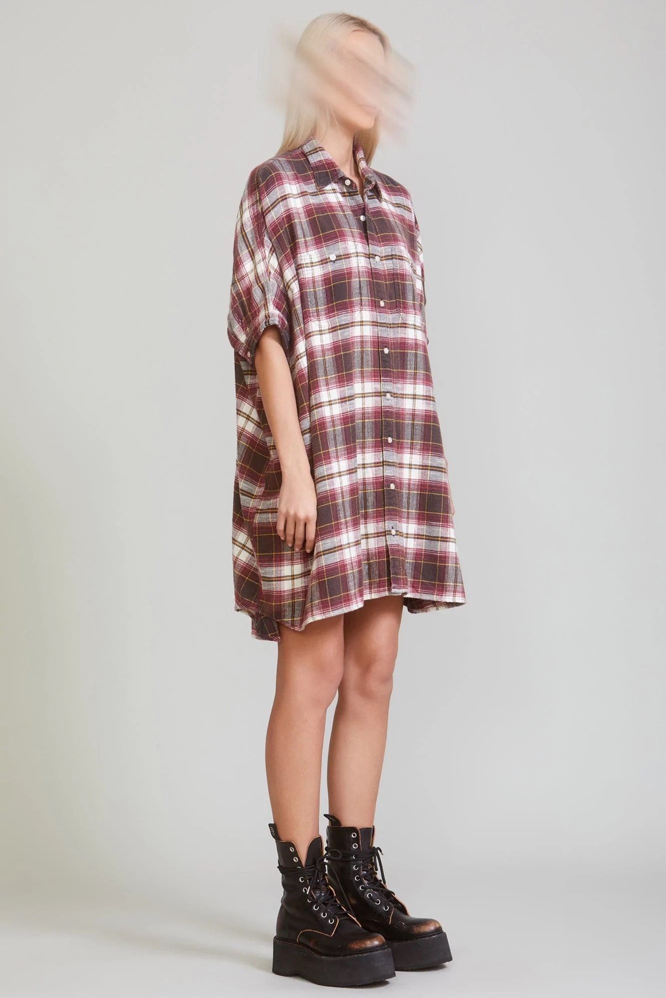 R13 Plaid Oversized Dress in Ecru/Maroon