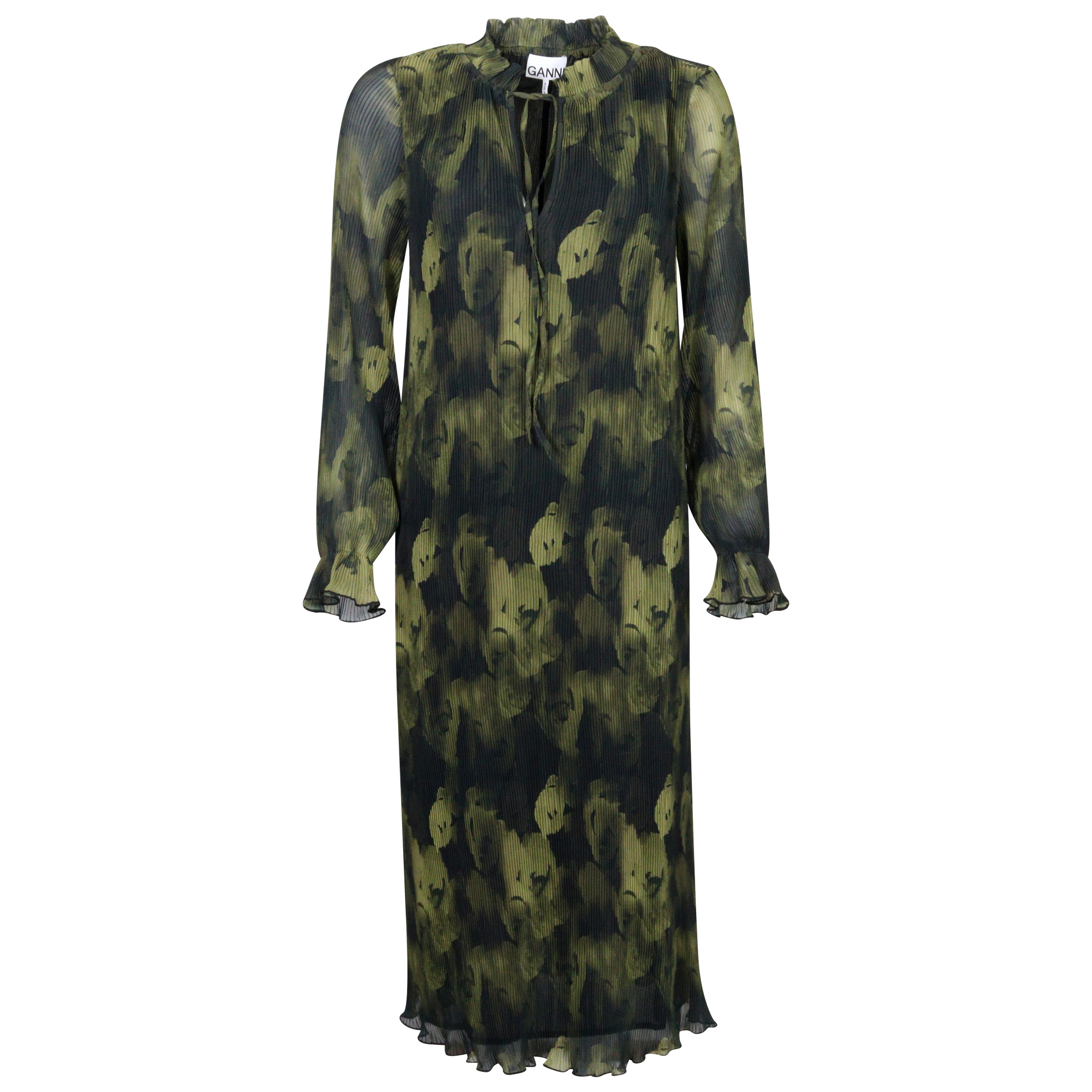 Ganni Recycled Pleated Georgette Maxi Dress Olive Print