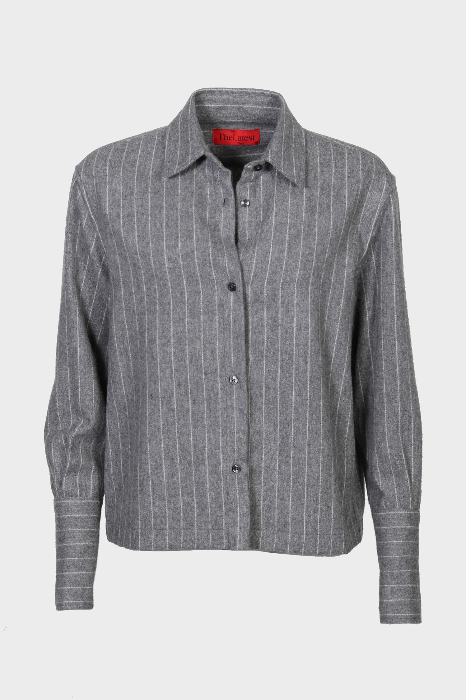THE LATEST Wool Overshirt in Light Grey Pinstripes