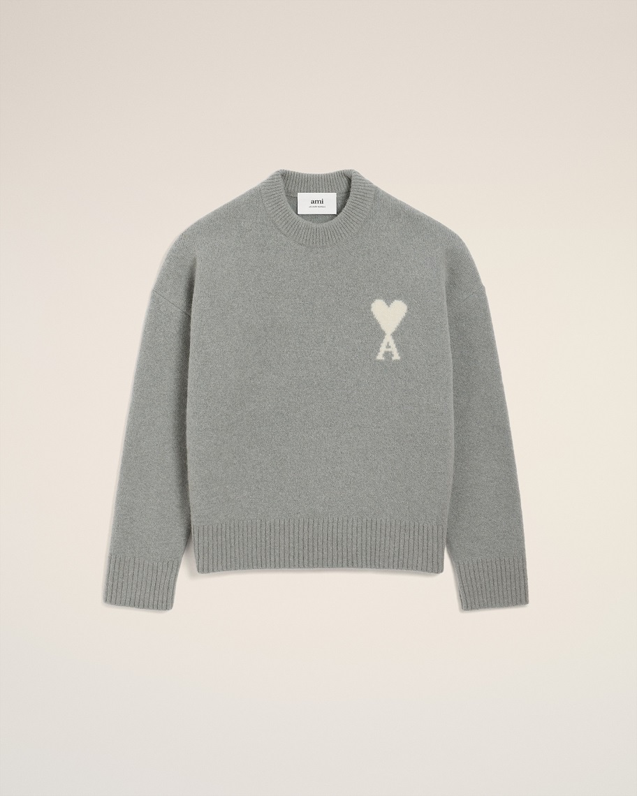 AMI PARIS de Coeur Knit Pullover in Grey/Off White