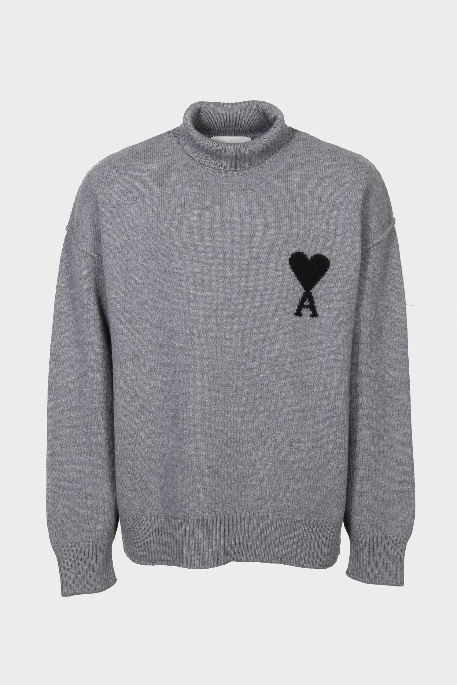 AMI PARIS de Coeur Heavy Knit Turtle Neck Sweater in Heather Ash Grey / Black XXL