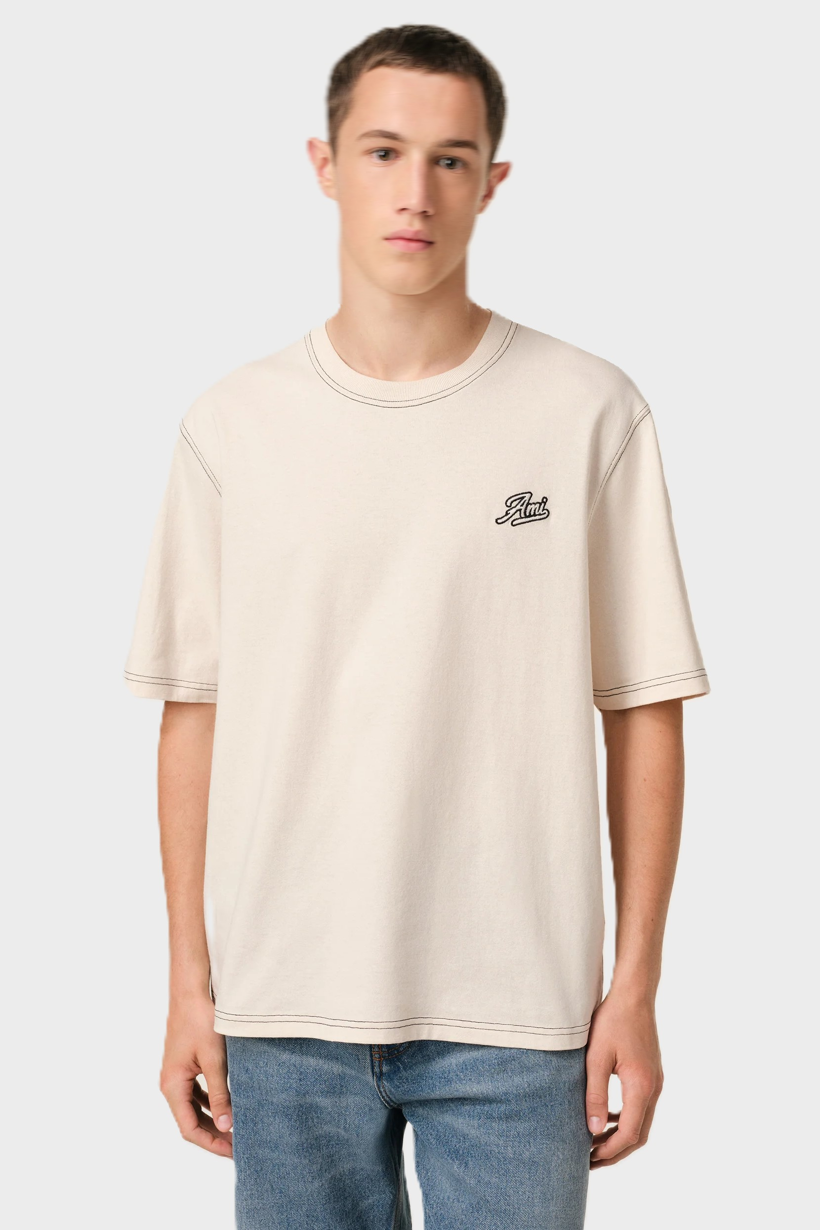 AMI PARIS Signature T-Shirt in White Cream AMI PARIS Signature T-Shirt in White Cream