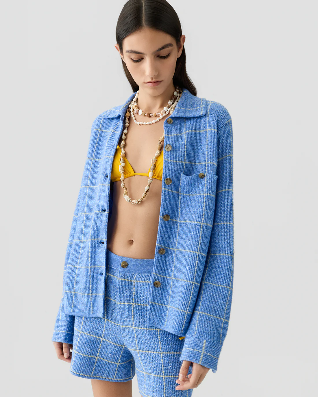 GUEST IN RESIDENCE Plaid Cashmere/Linen Short in Blue/Butter
