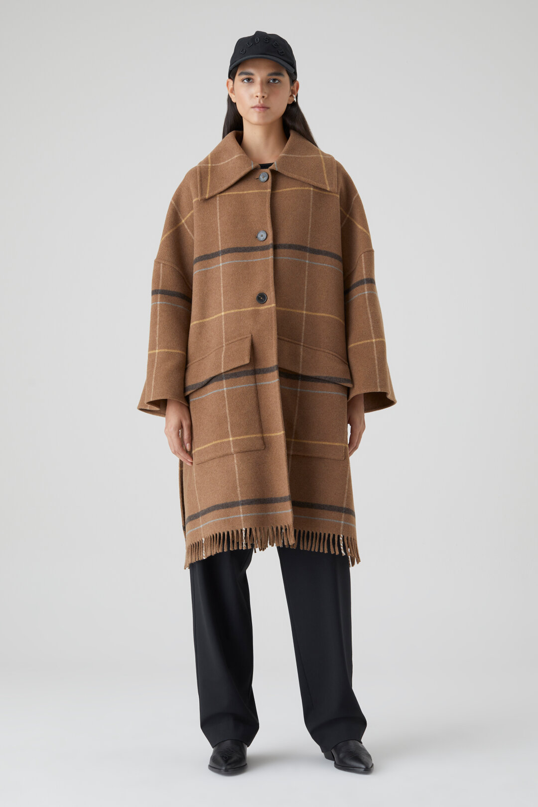 Closed Check Poncho Coat in Camel