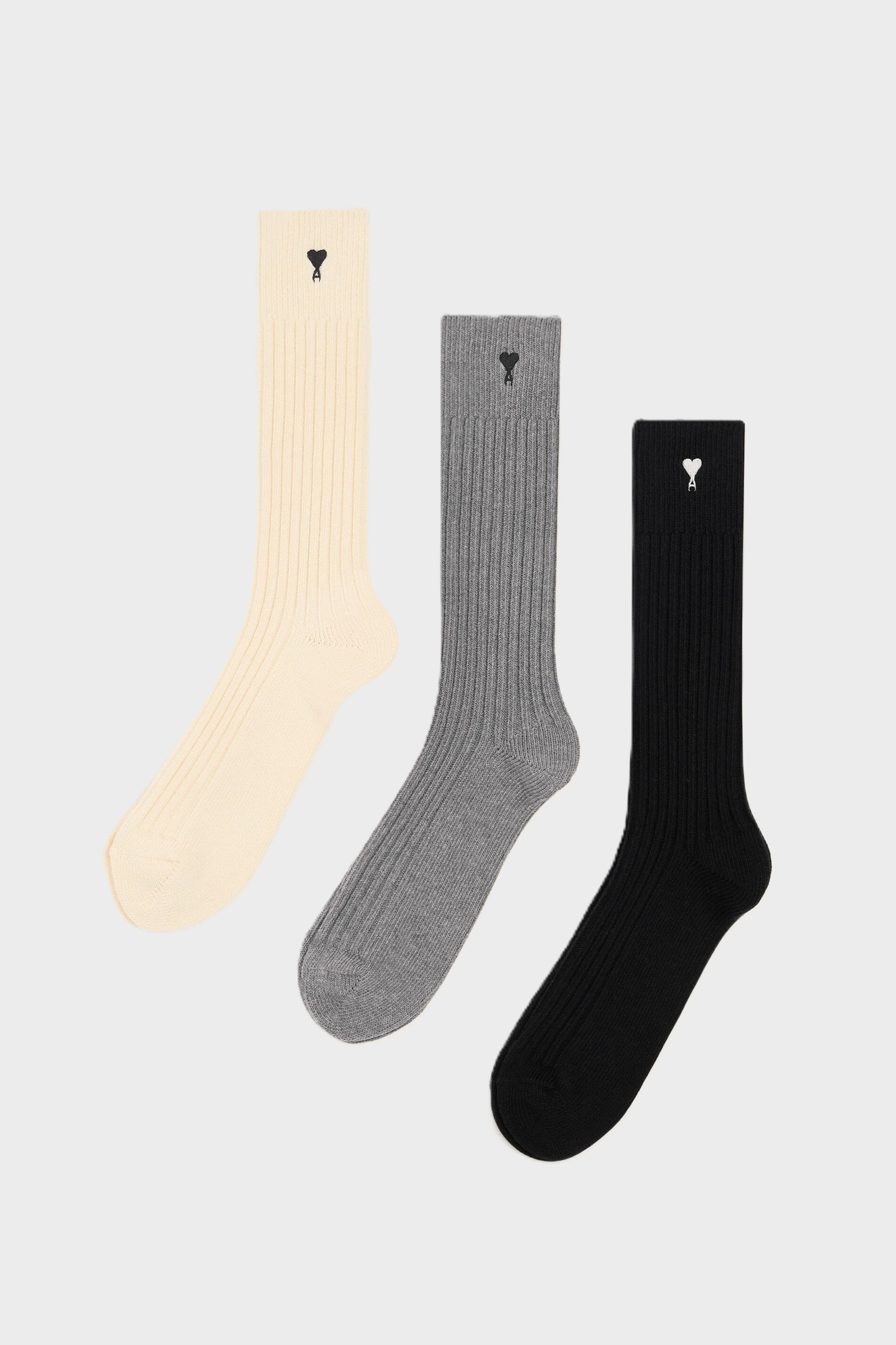 AMI PARIS de Coeur 3 Pack Socks in Off White/Grey/Black