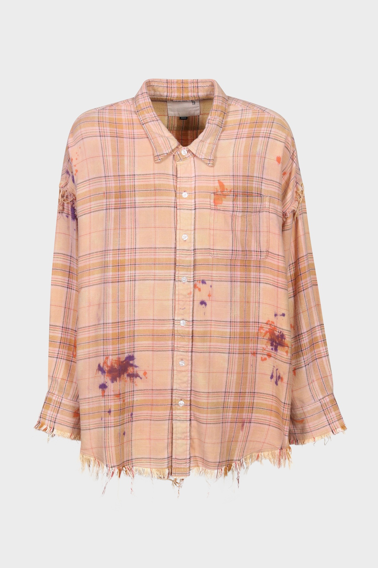 R13 Shredded Seam Drop Neck Shirt in Overdyed Orange Purple Plaid