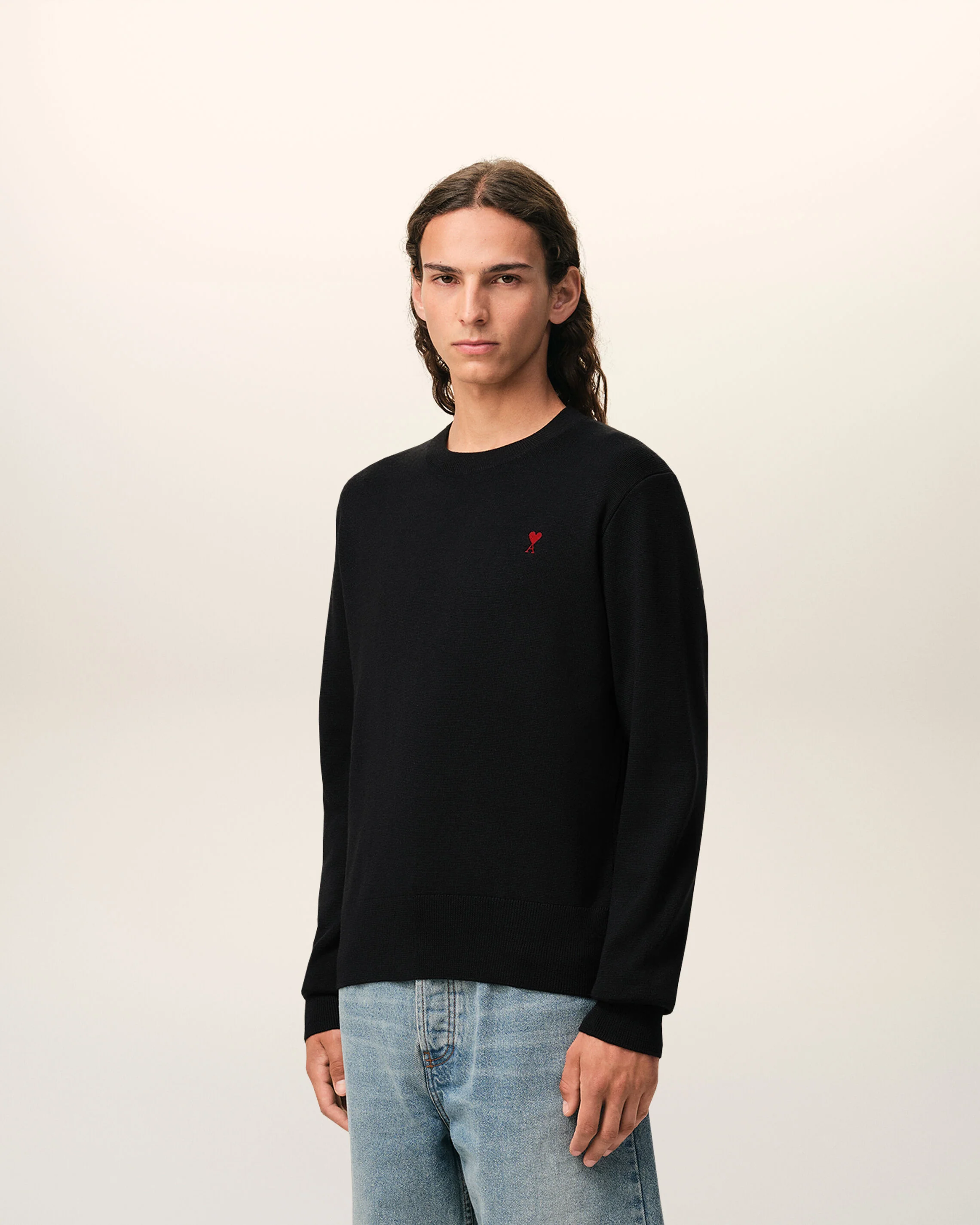 AMI PARIS de Coeur Merino Knit Pullover in Black/Red Logo