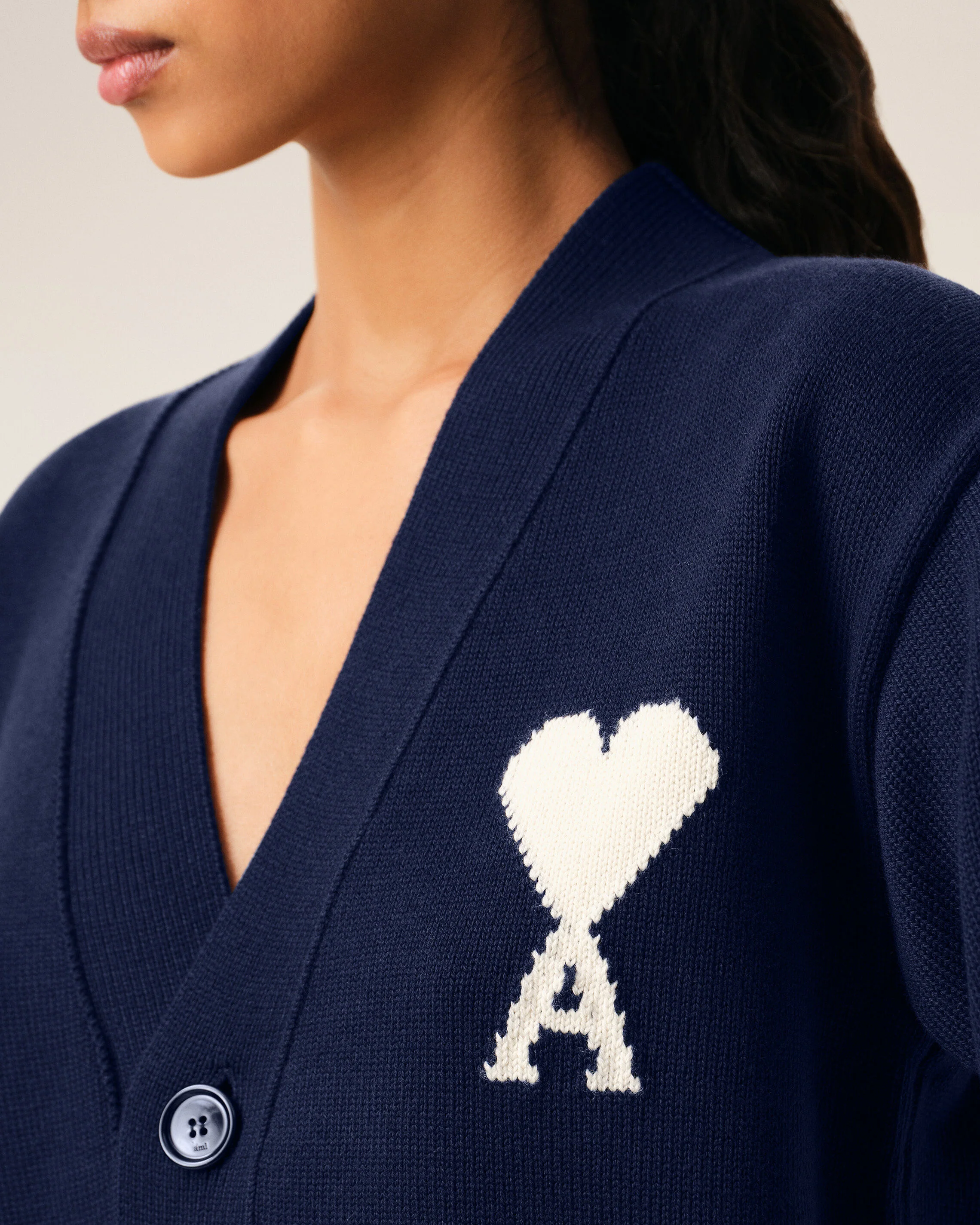 AMI PARIS de Coeur Wool/Cotton Knit Cardigan in Navy