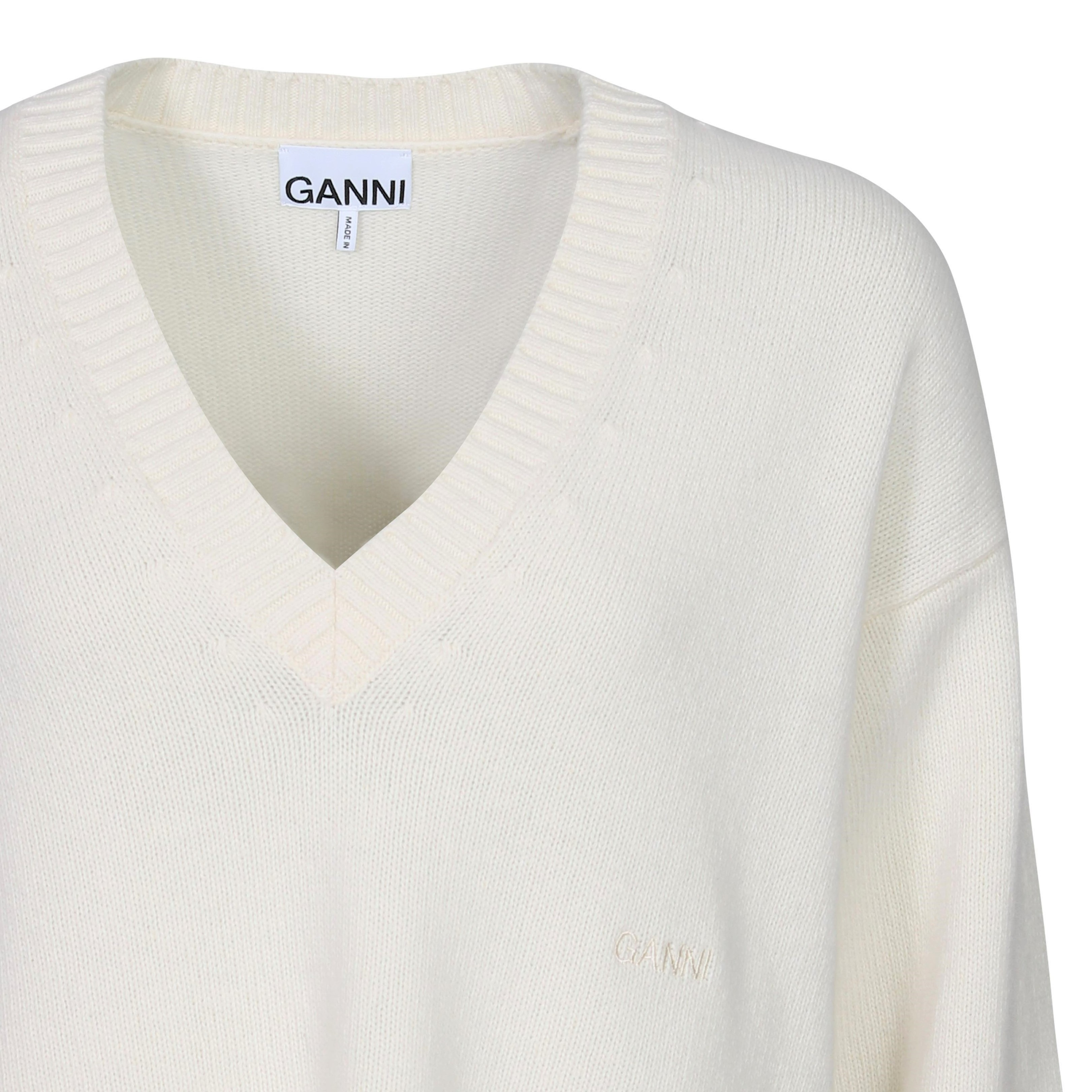 Ganni V-Neck Knit Sweater in Egret XXS/XS