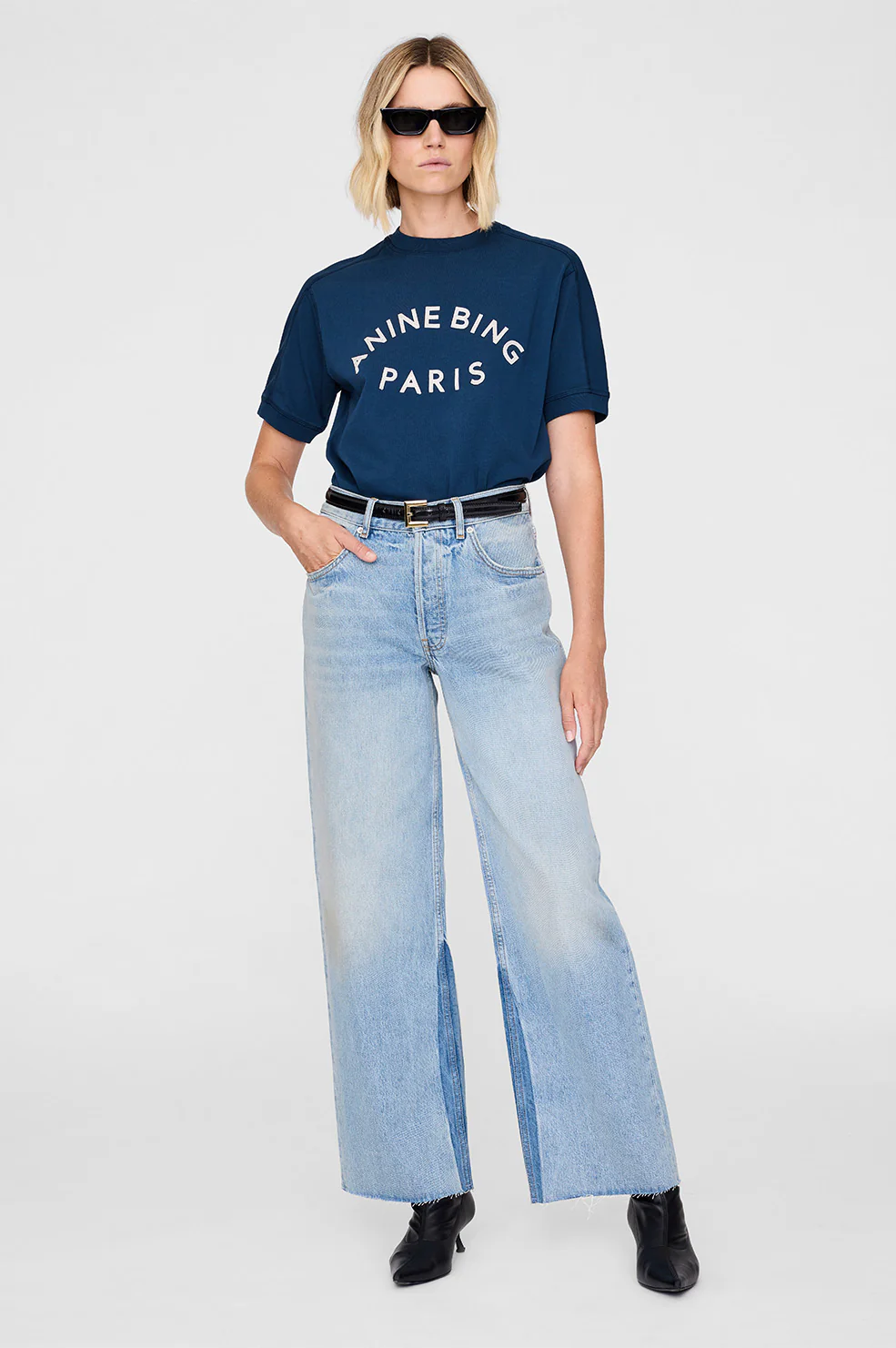 ANINE BING Paris Relaxed Boxy Fit T-Shirt in Washed Navy
