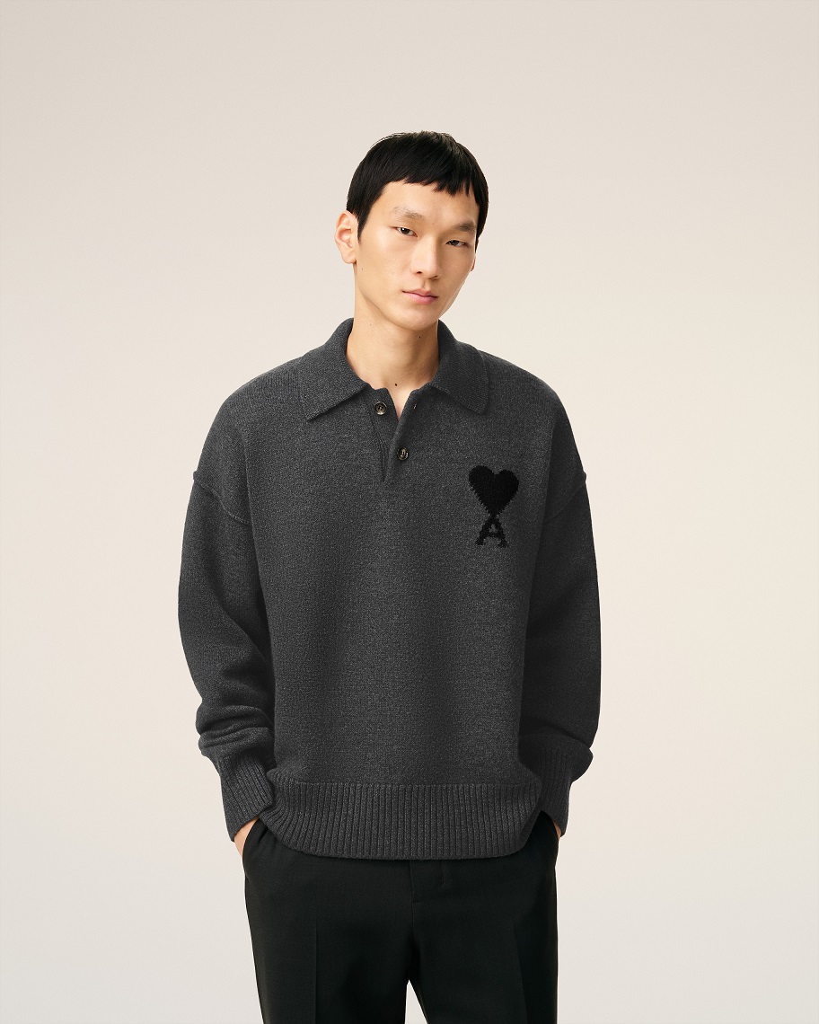 AMI PARIS de Coeur Knit Polo in Heather Grey/Black