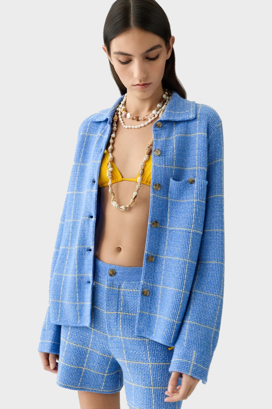 GUEST IN RESIDENCE Dylan Plaid Cashmere/Linen Shirt in Blue/Butter